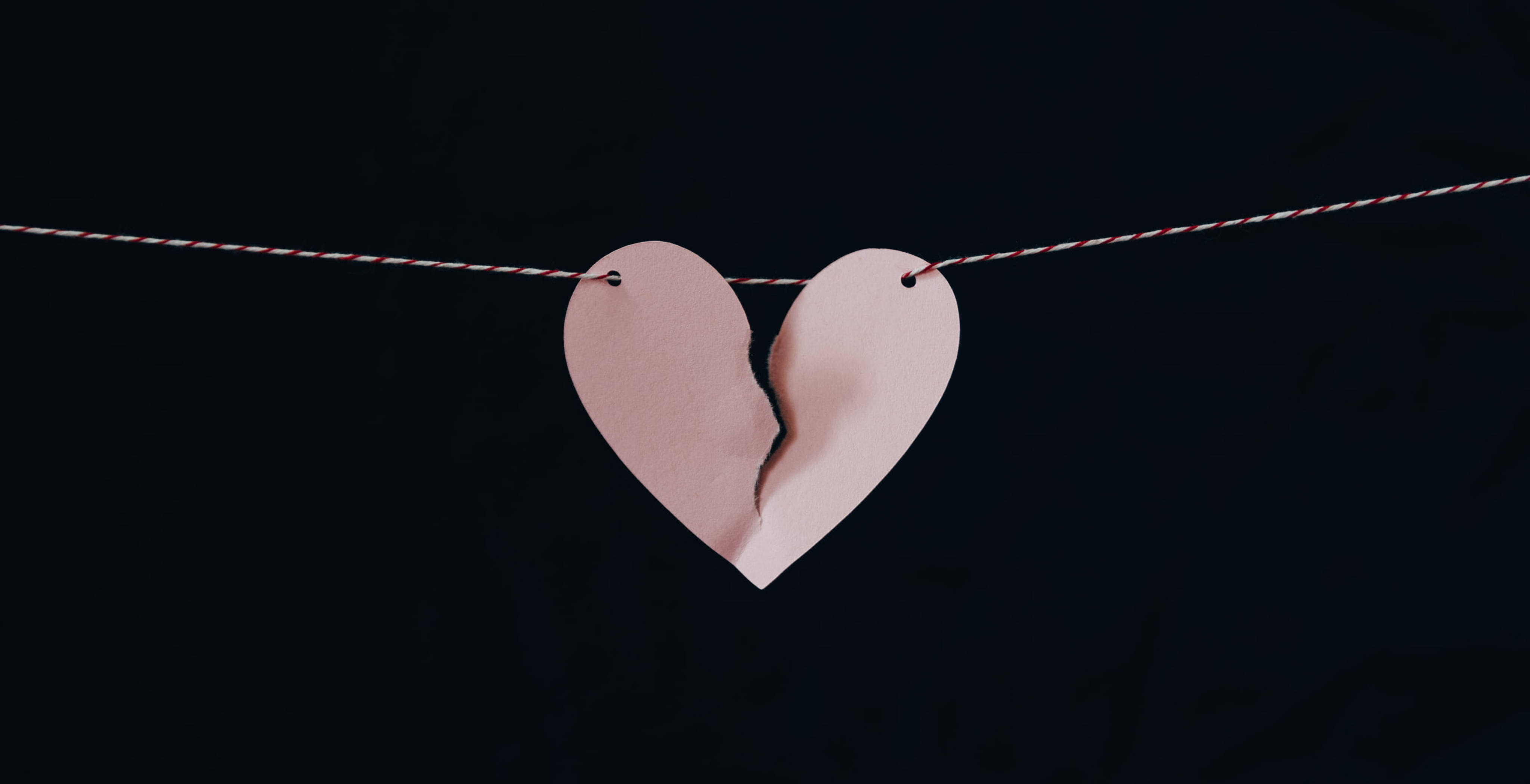 Pink Broken Heart 4K, torn pink paper heart, red and white string, 4K Desktop Wallpaper