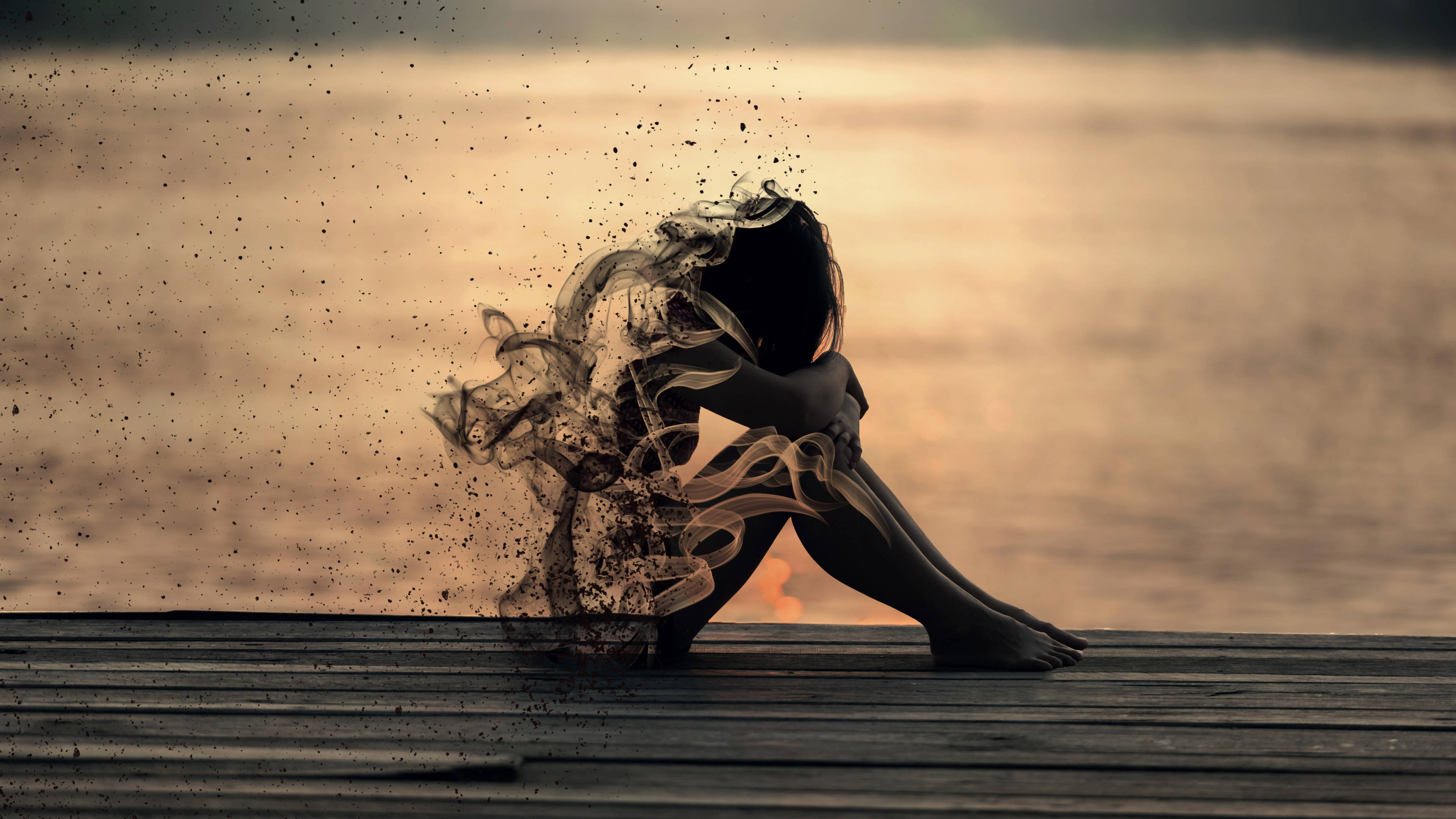 Fading Woman, Broken Heart, wooden dock, 4K Desktop Wallpaper