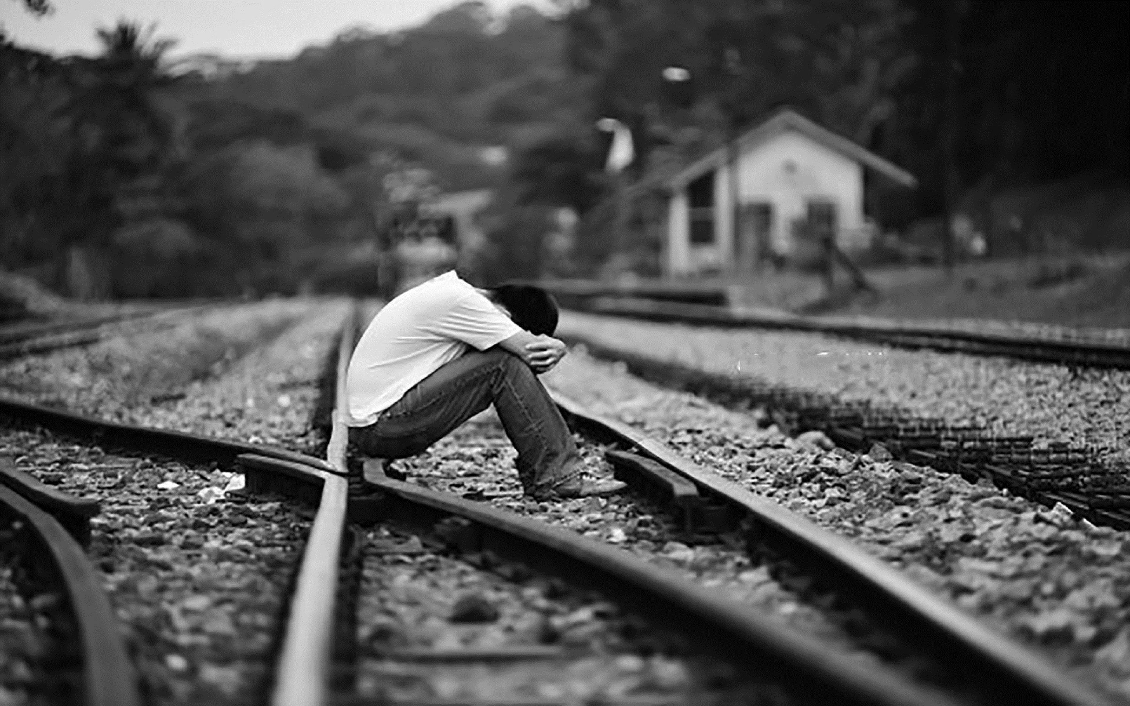 Man On Railroad Heart Broken 4K, railway tracks, black and white, 4K Desktop Wallpaper