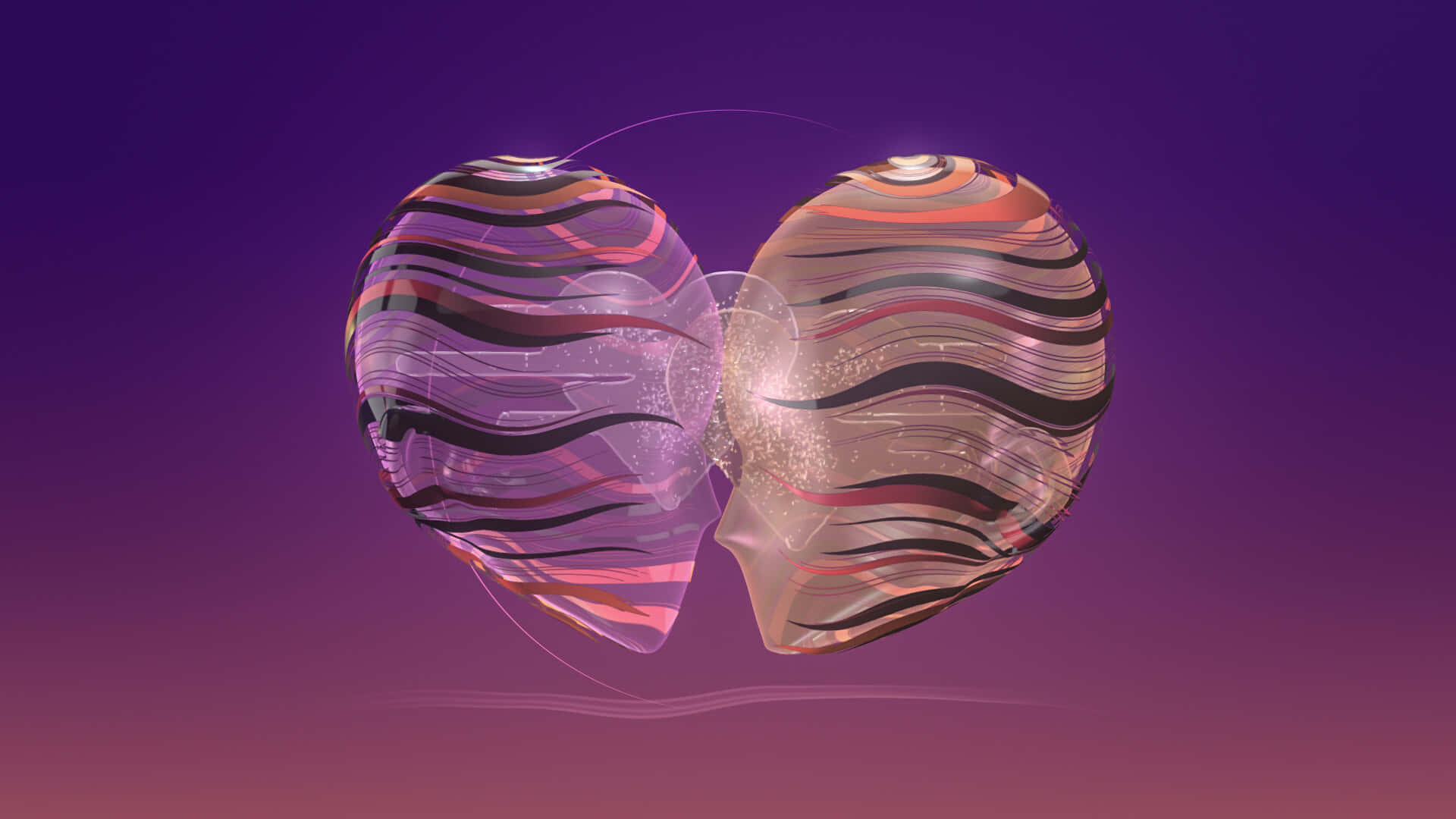 abstract broken heart illustration, translucent glass hearts, swirling pink black and orange stripes, Full HD Desktop Wallpaper