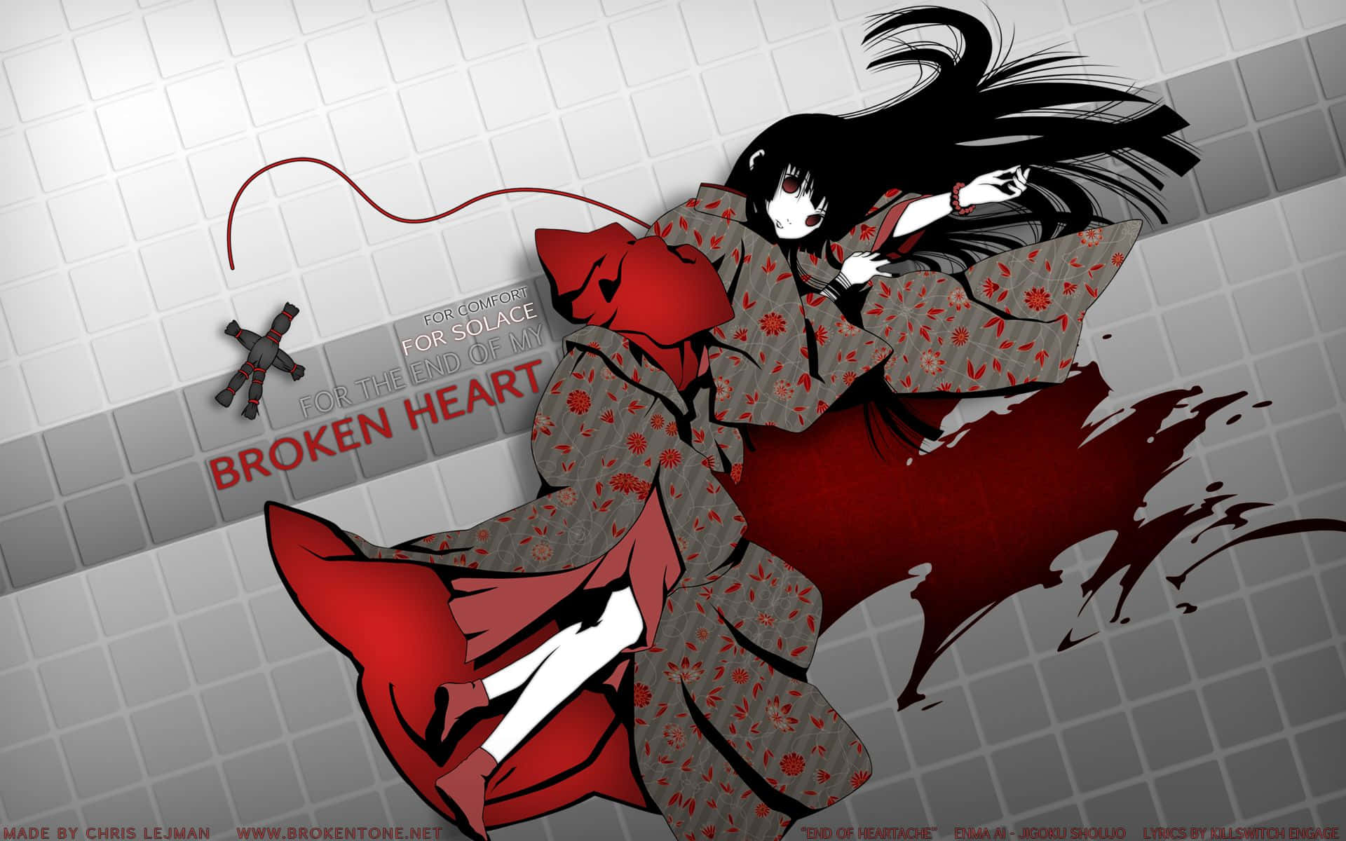 broken heart anime, red and gray kimono, tiled floor, Full HD Desktop Wallpaper