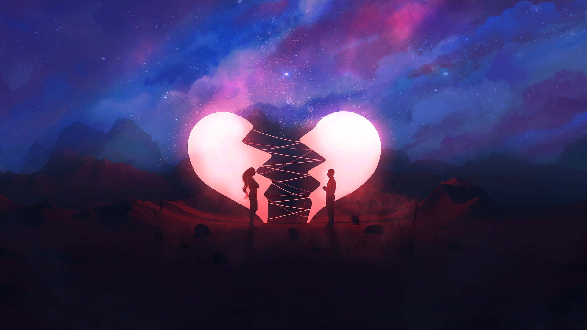 Broken Heart Anime, glowing broken heart, starry purple and blue night sky, Full HD Desktop Wallpaper