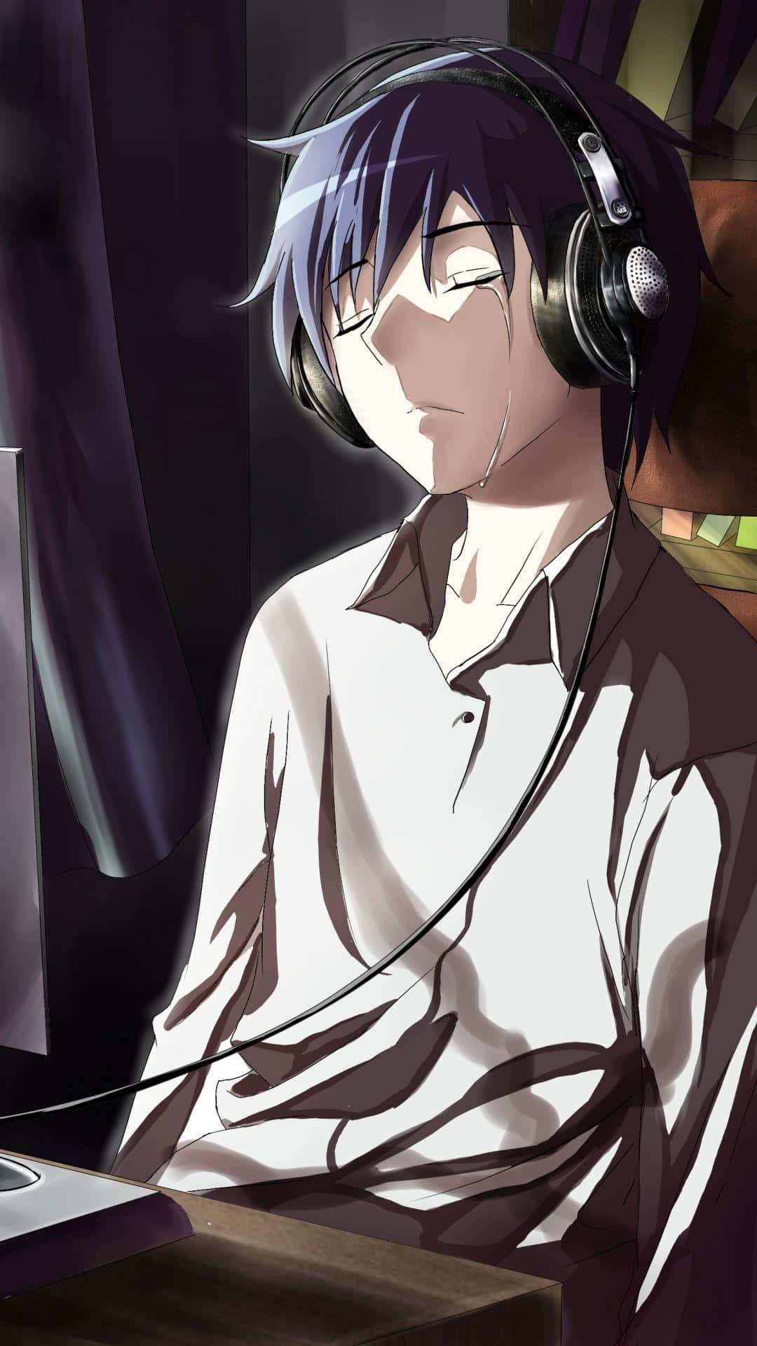 broken heart anime, purple hair, headphones, Full HD Phone Wallpaper