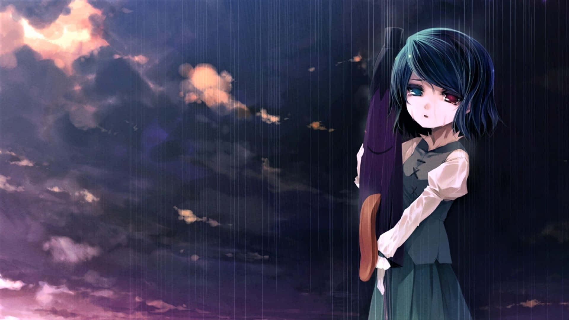 Broken Heart Anime, heterochromia, stormy twilight sky, Full HD Desktop Wallpaper