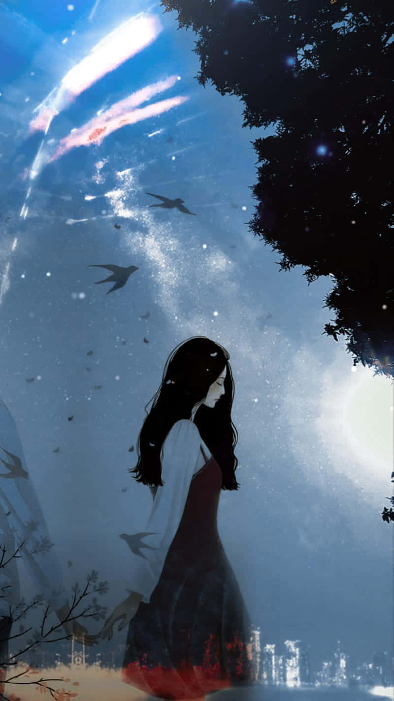 Broken Heart Anime, red dress, tree, HD Phone Wallpaper