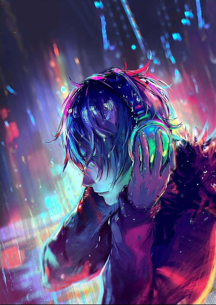 Broken Heart Anime, neon rainstorm, glowing headphones, SD Phone Wallpaper