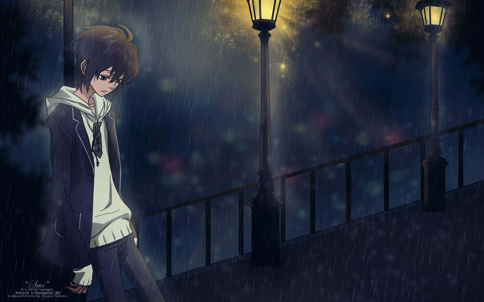 Broken Heart Anime, anime boy, rain-slicked streetlights, Full HD Desktop Wallpaper