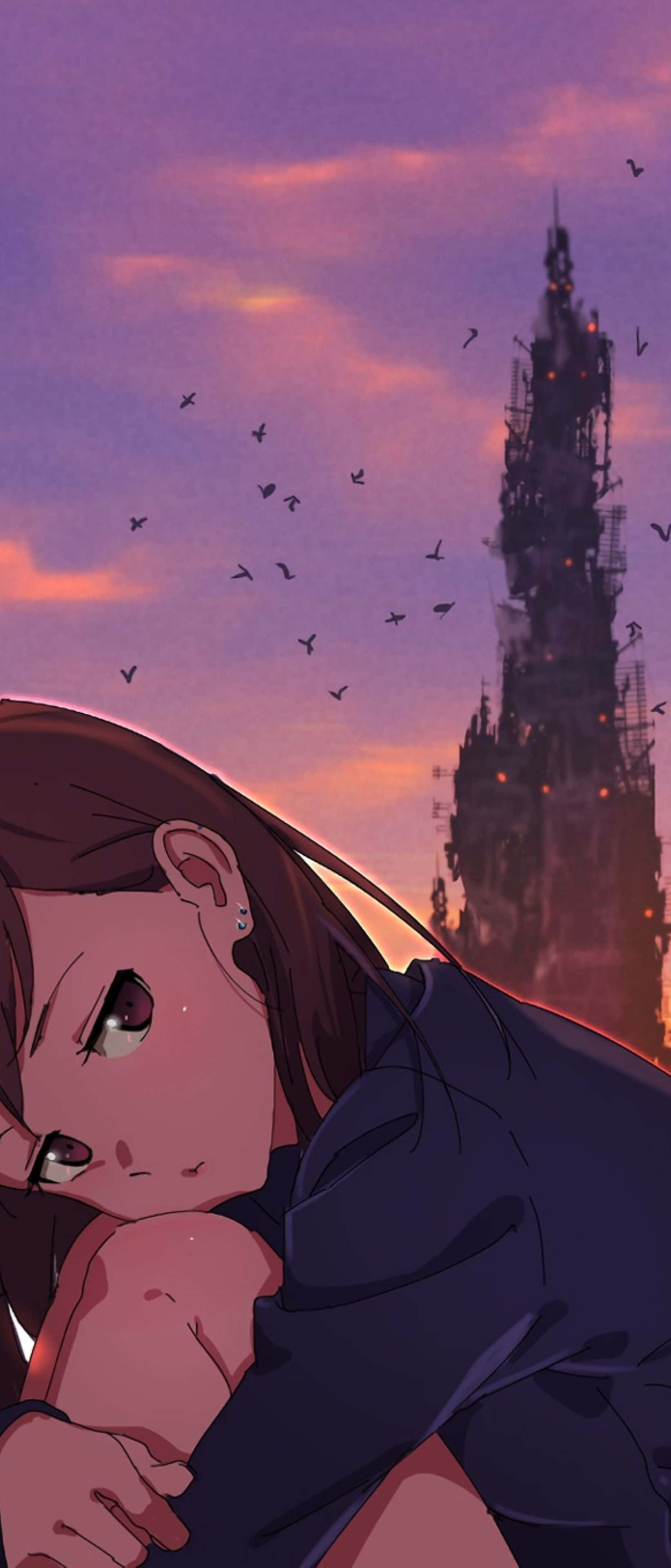 broken heart anime, twilight sky, gothic spire, 4K Phone Wallpaper