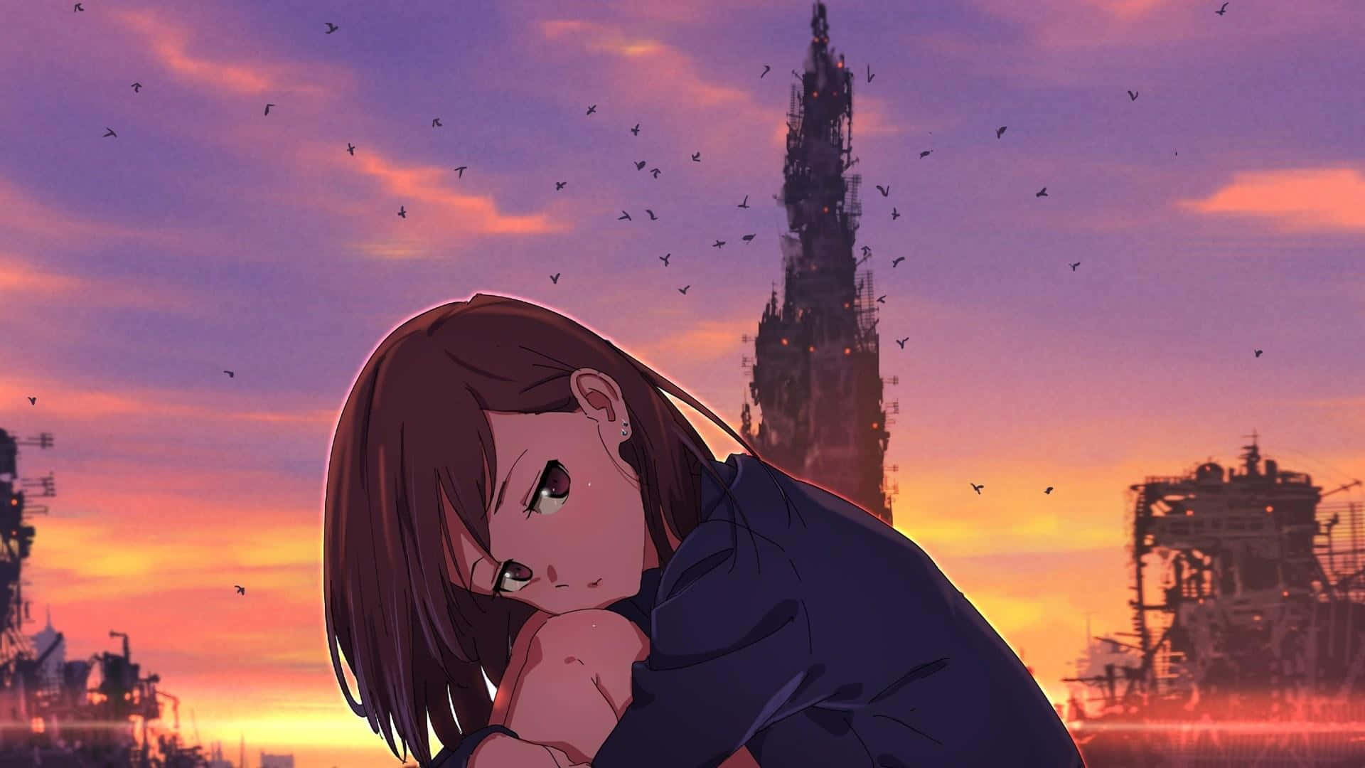 Broken Heart Anime, anime girl, ruined city, Full HD Desktop Wallpaper