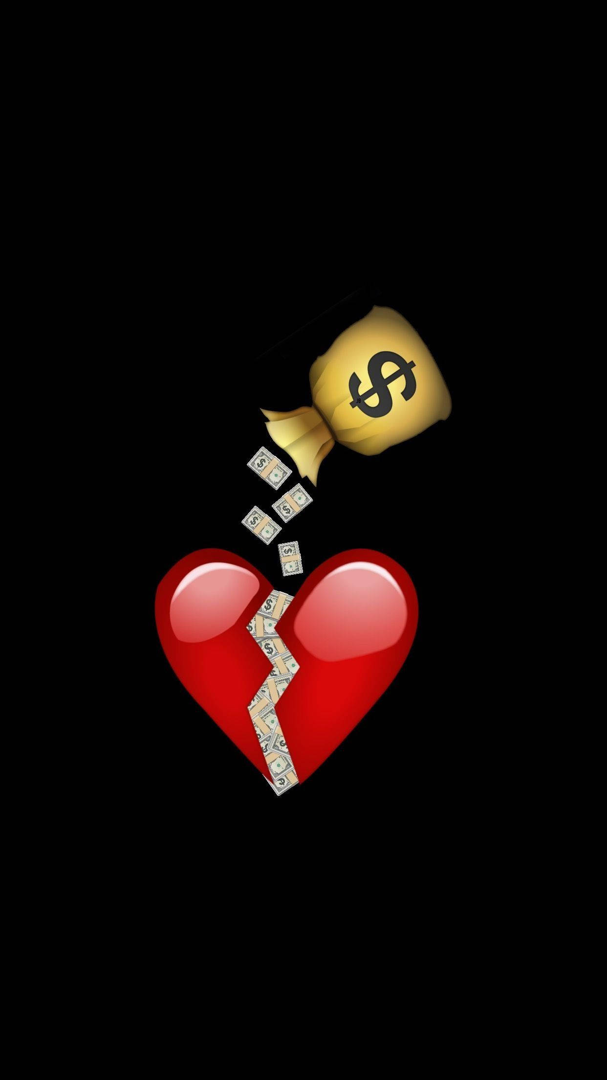broken heart, glossy red, dollar bills, Full HD Phone Wallpaper