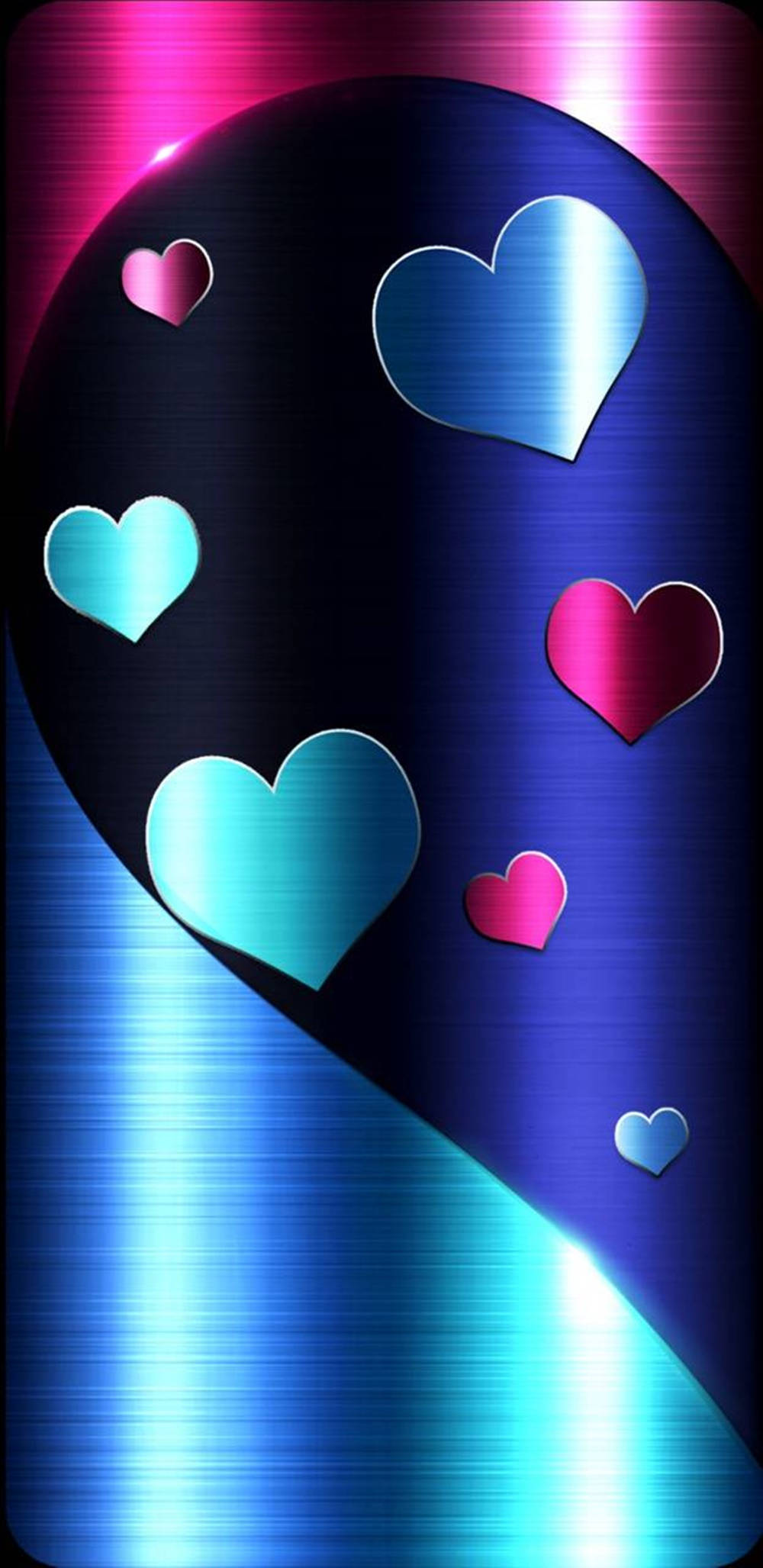 glossy metallic hearts, vibrant blue and pink brushed metal background, glowing highlights, Full HD Phone Wallpaper