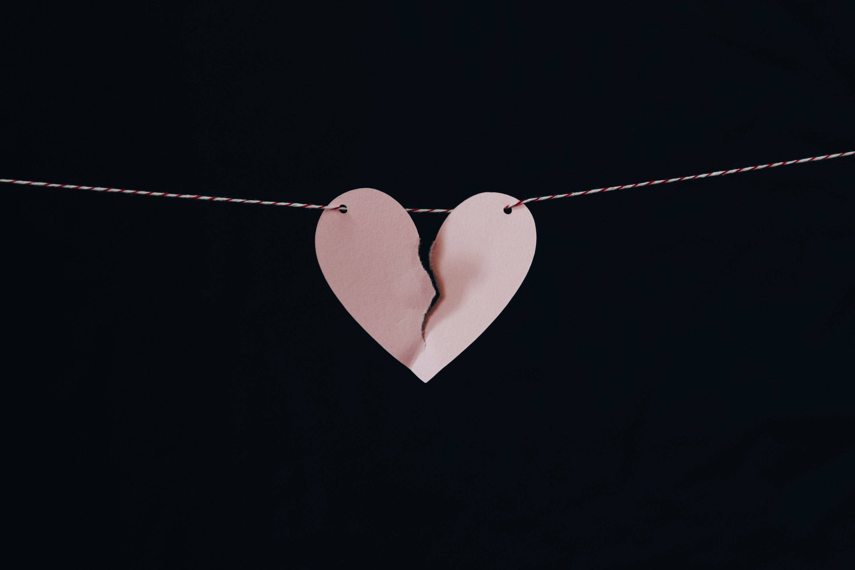 hanging pink broken heart, torn pink paper heart, red and white string, 2K Desktop Wallpaper