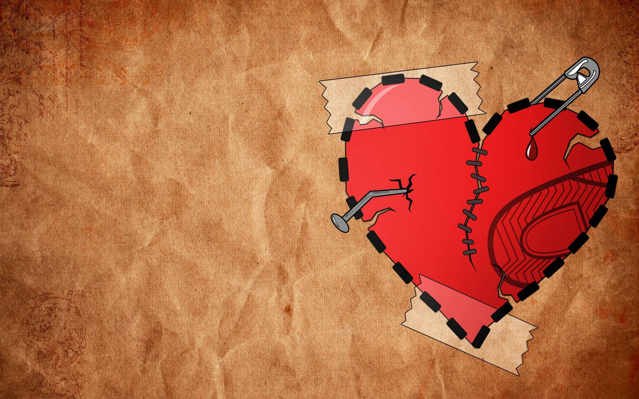 stitched broken heart, torn red heart, black thread, 2K Desktop Wallpaper