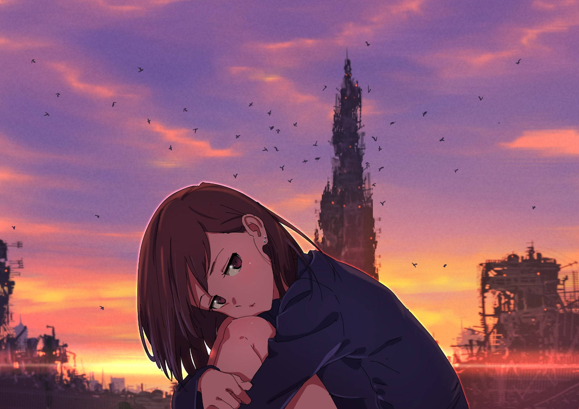 Love Failure, anime girl, ruined city, Full HD Desktop Wallpaper