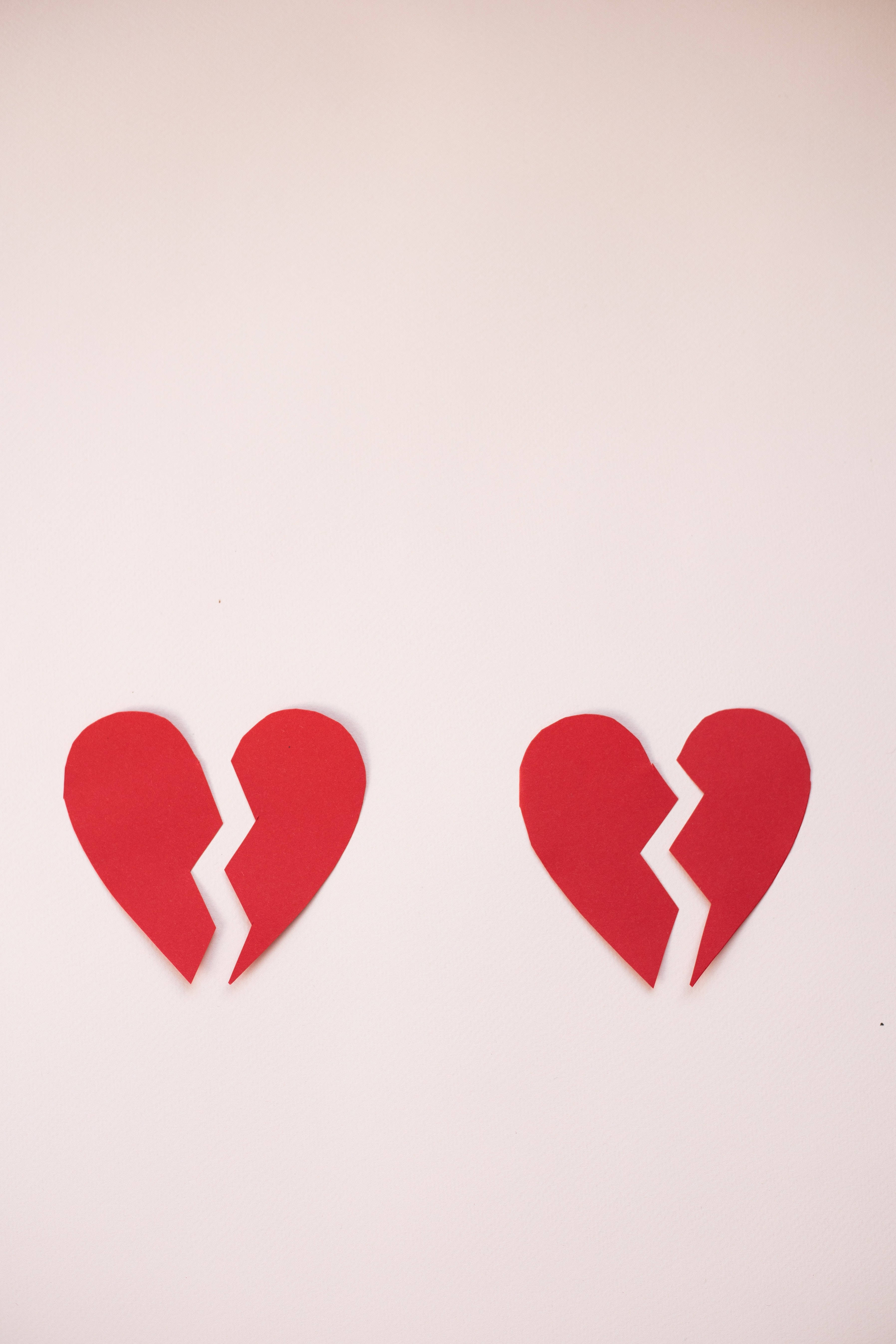 one sided love, broken paper hearts, red paper hearts, 5K Phone Wallpaper