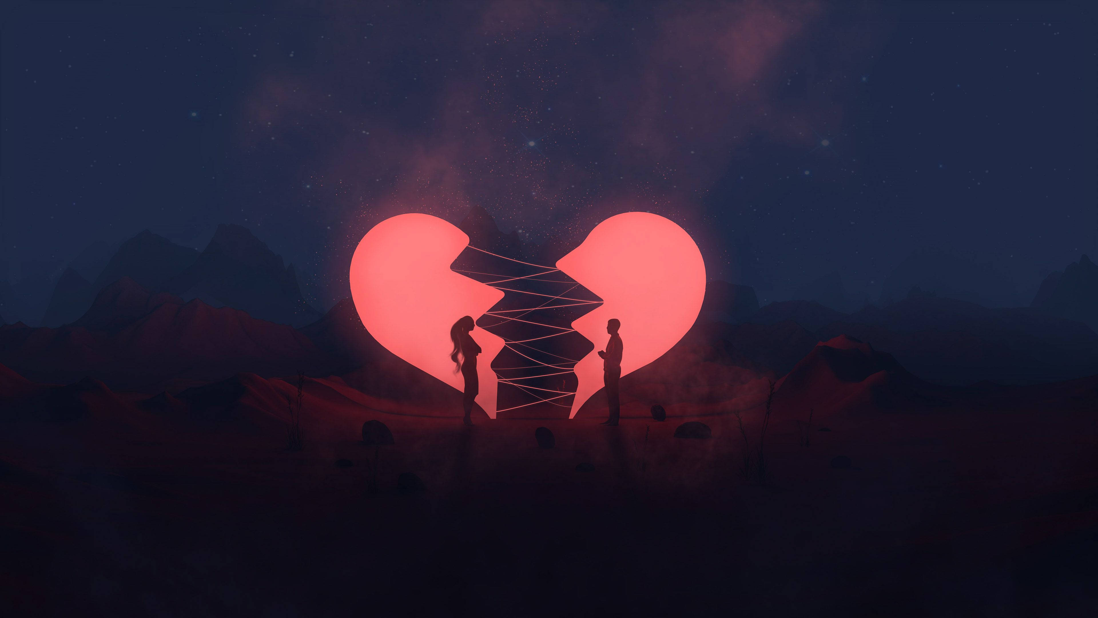 Broken Heart, silhouette, starry night sky, 4K Desktop Wallpaper