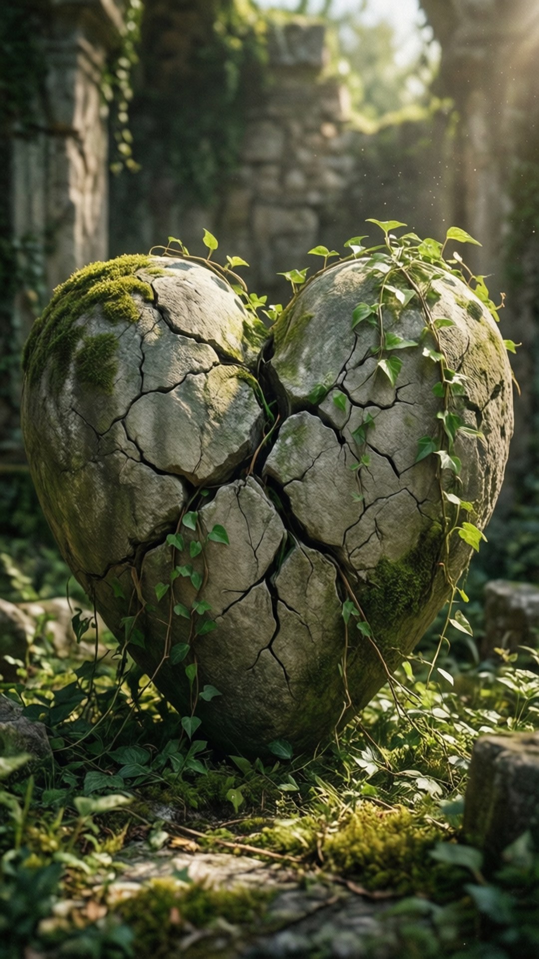 stone heart, vines, moss, Full HD Phone Wallpaper