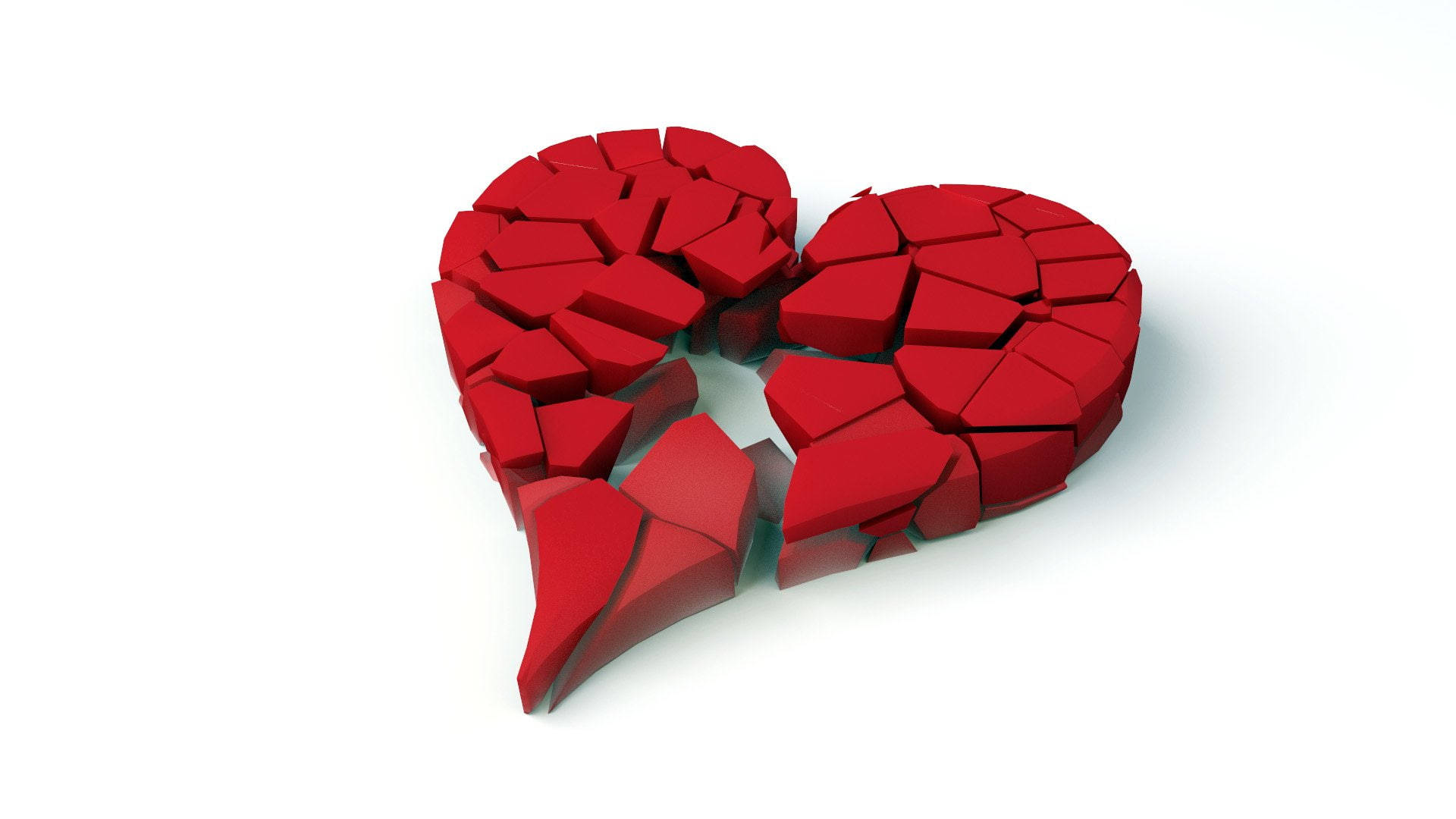 shattered red heart, geometric fragments, stark white background, Full HD Desktop Wallpaper