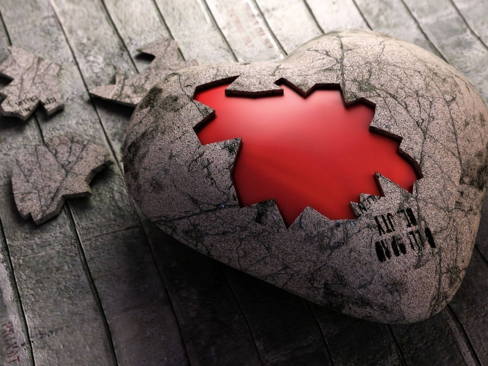 3D Broken Heart Art, cracked stone heart, vibrant red interior, HD Desktop Wallpaper
