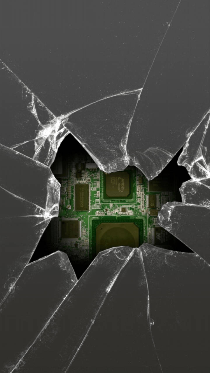 cracked screen, green circuit board, shattered glass surface, HD Phone Wallpaper