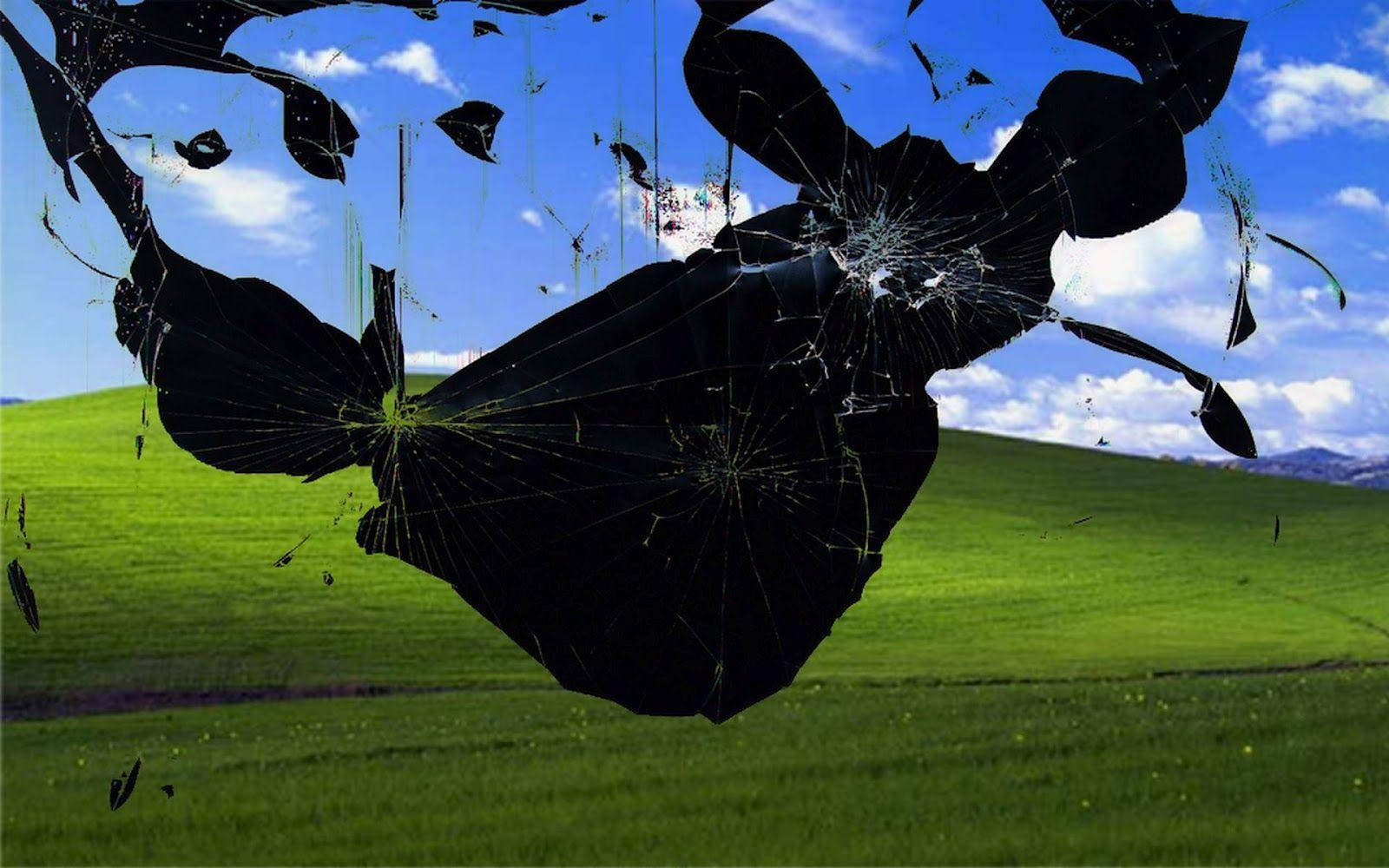 cracked computer screen, black glass, vibrant green field, HD Desktop Wallpaper