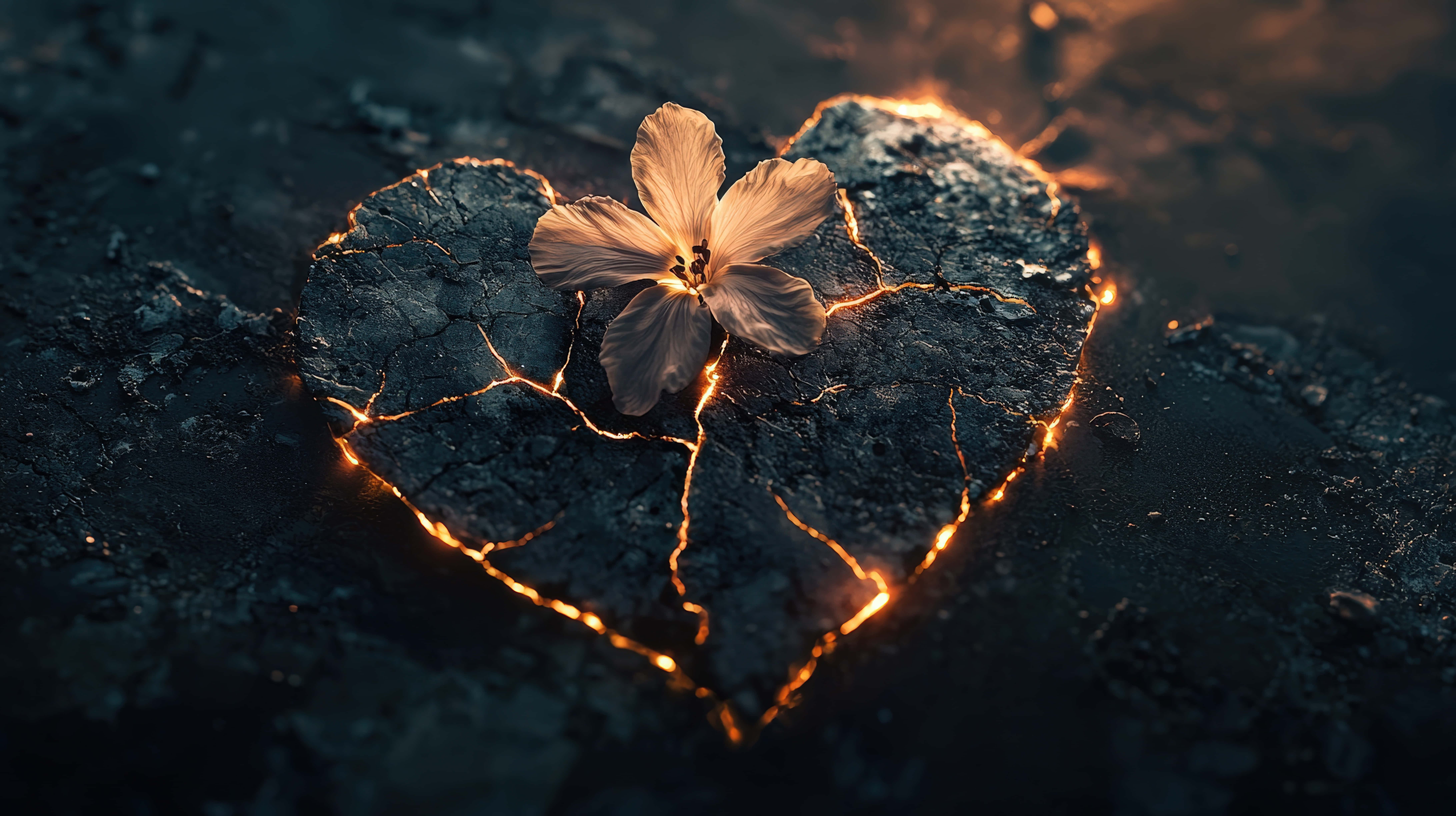 heart-shaped cracked stone, molten lava, delicate flower, 8K Desktop Wallpaper