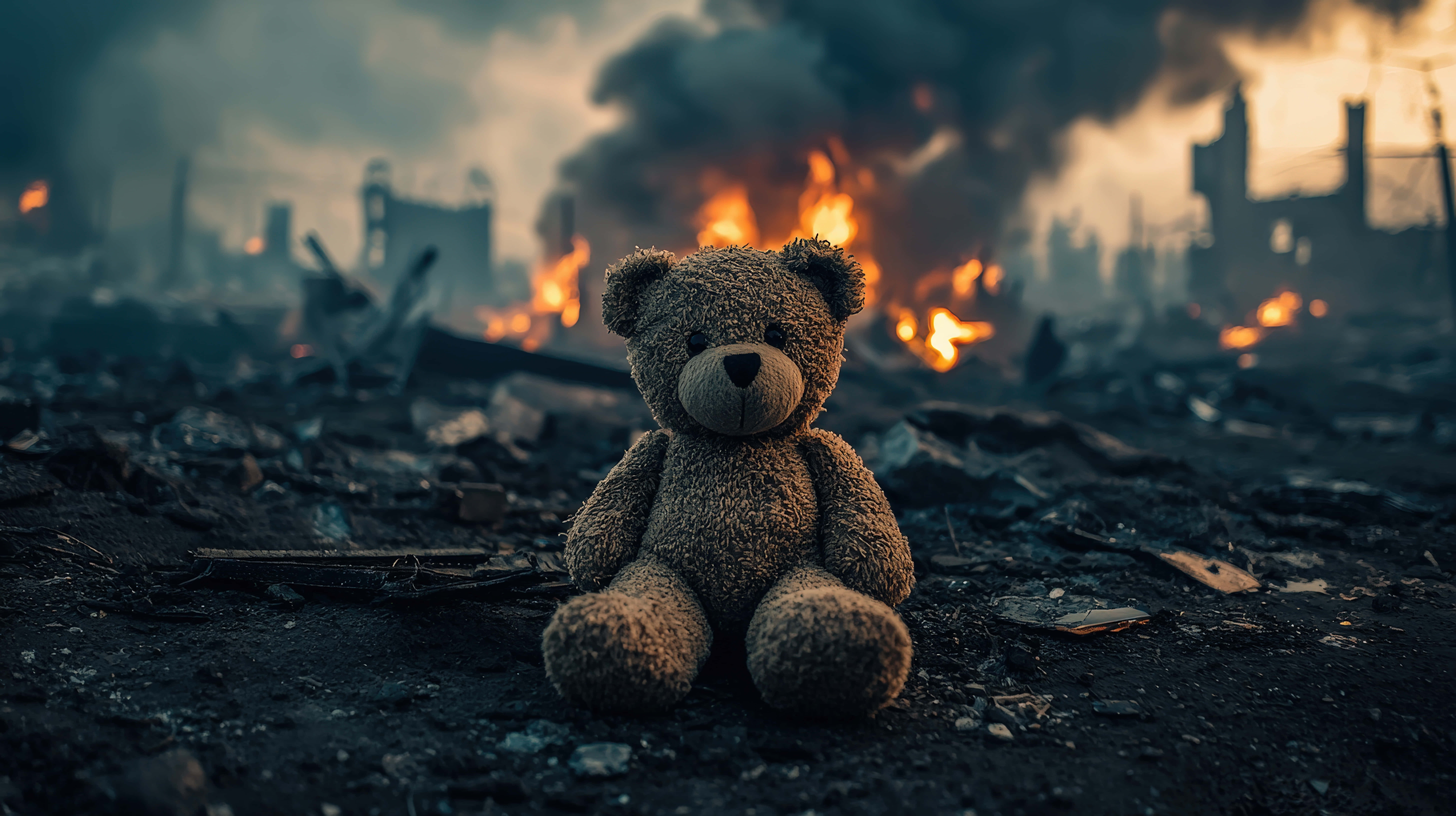 teddy bear, rubble, burning debris, 8K Desktop Wallpaper