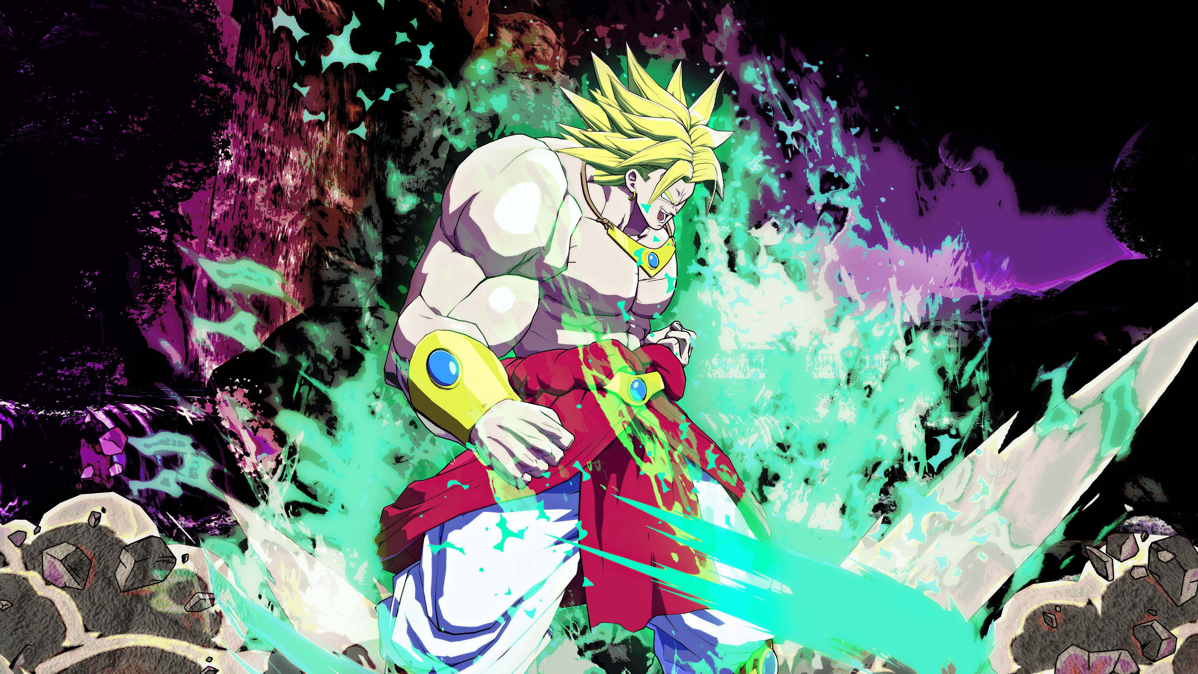 Broly, spiky yellow hair, glowing sword, 4K Desktop Wallpaper