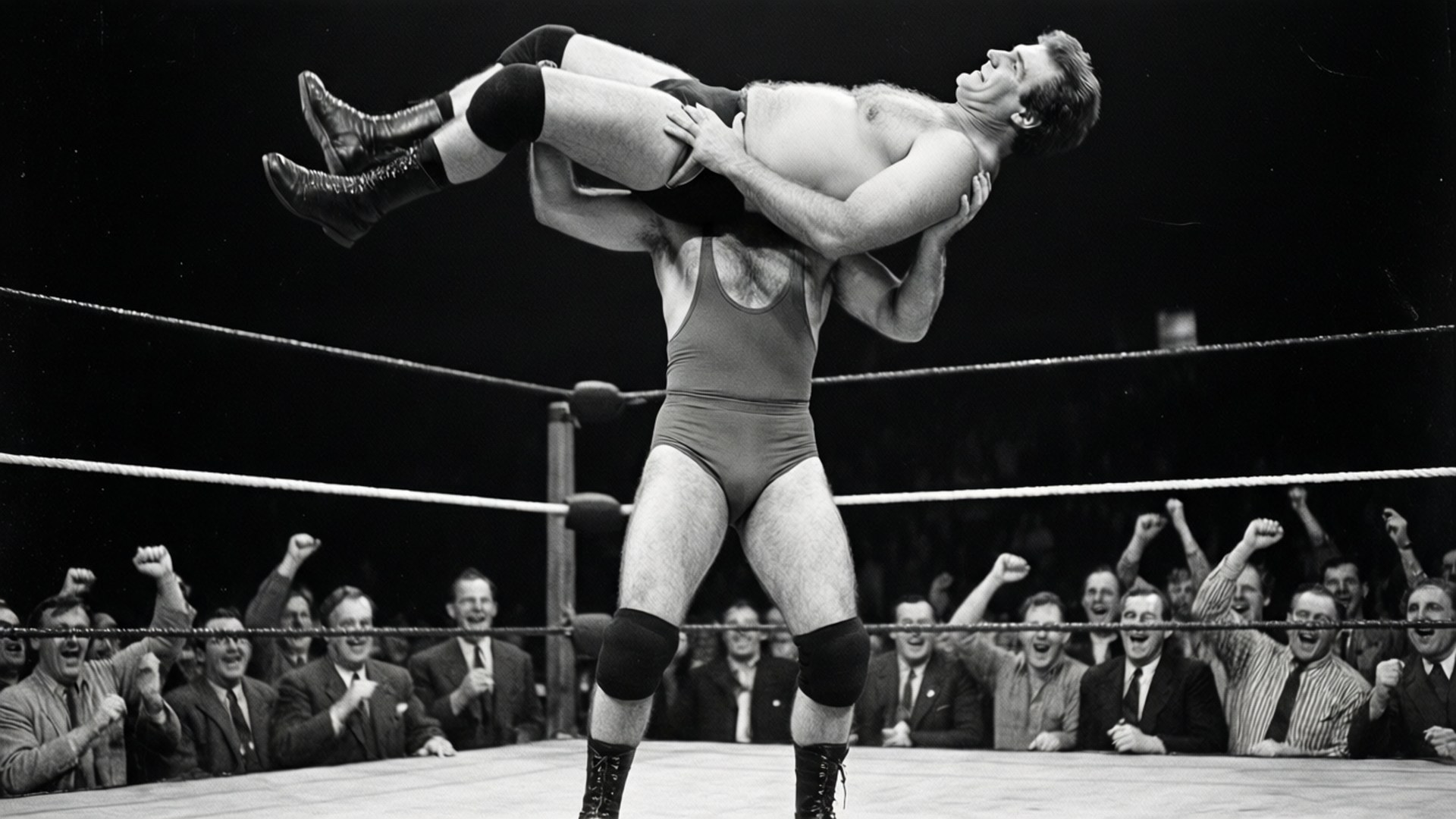 Bronko Nagurski, wrestling ring, black and white, Full HD Desktop Wallpaper