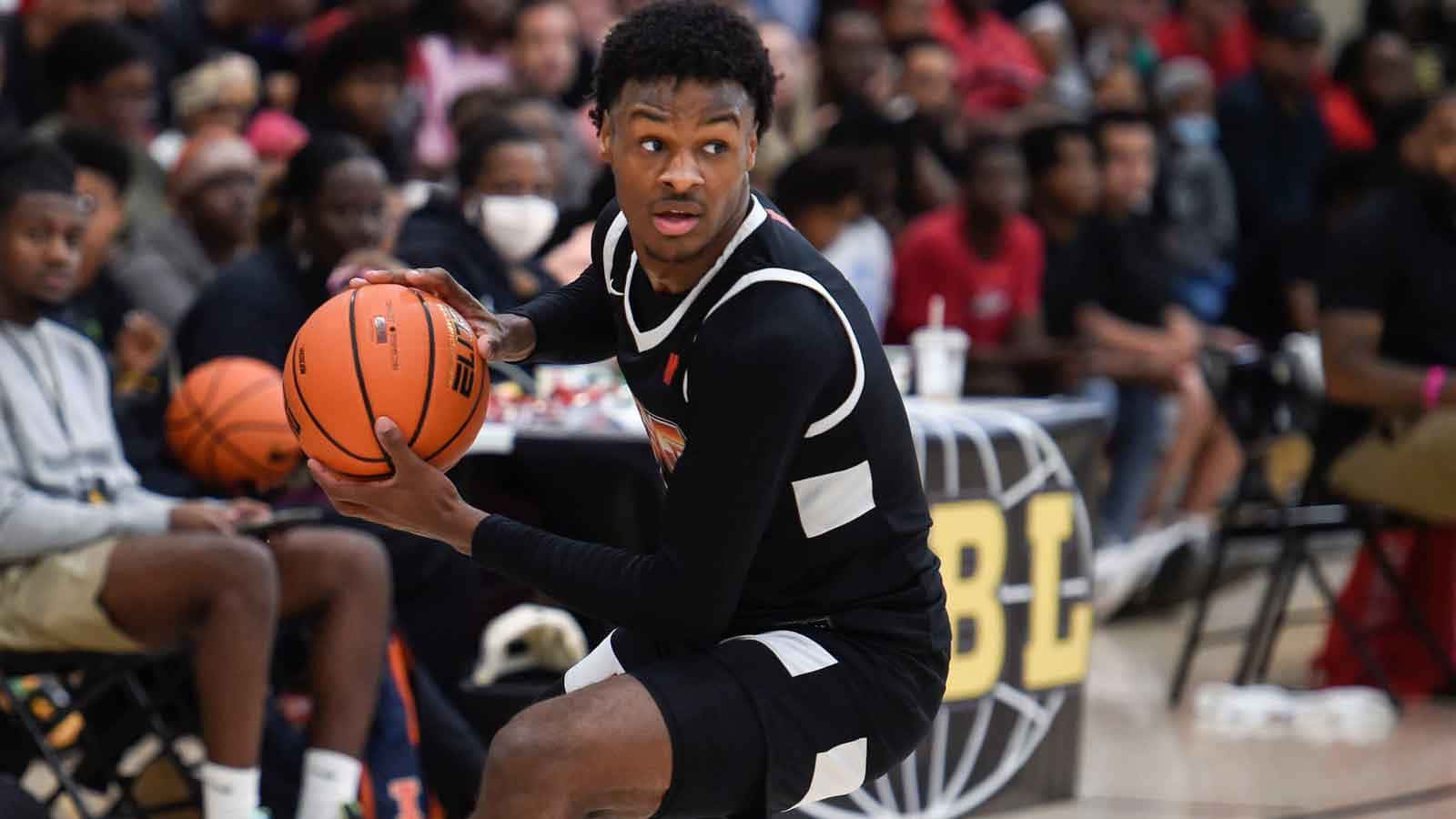 Bronny James, black uniform, orange ball, HD Desktop Wallpaper