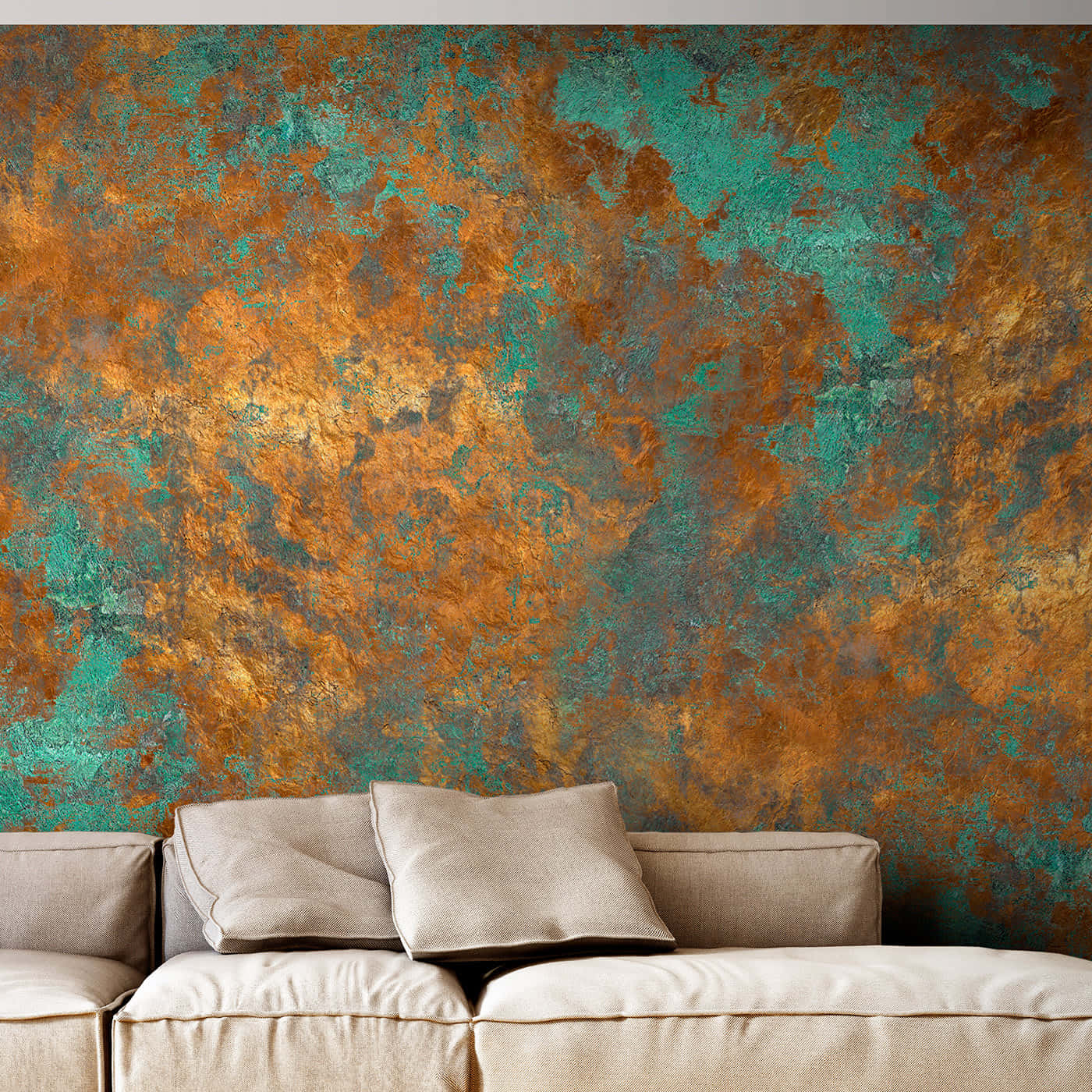 bronze, beige sofa, swirling copper and teal metallic patterns, HD Desktop Wallpaper