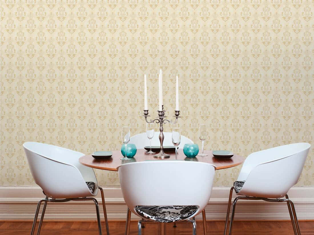 bronze candleholder, beige damask wallpaper, white chairs, SD Desktop Wallpaper