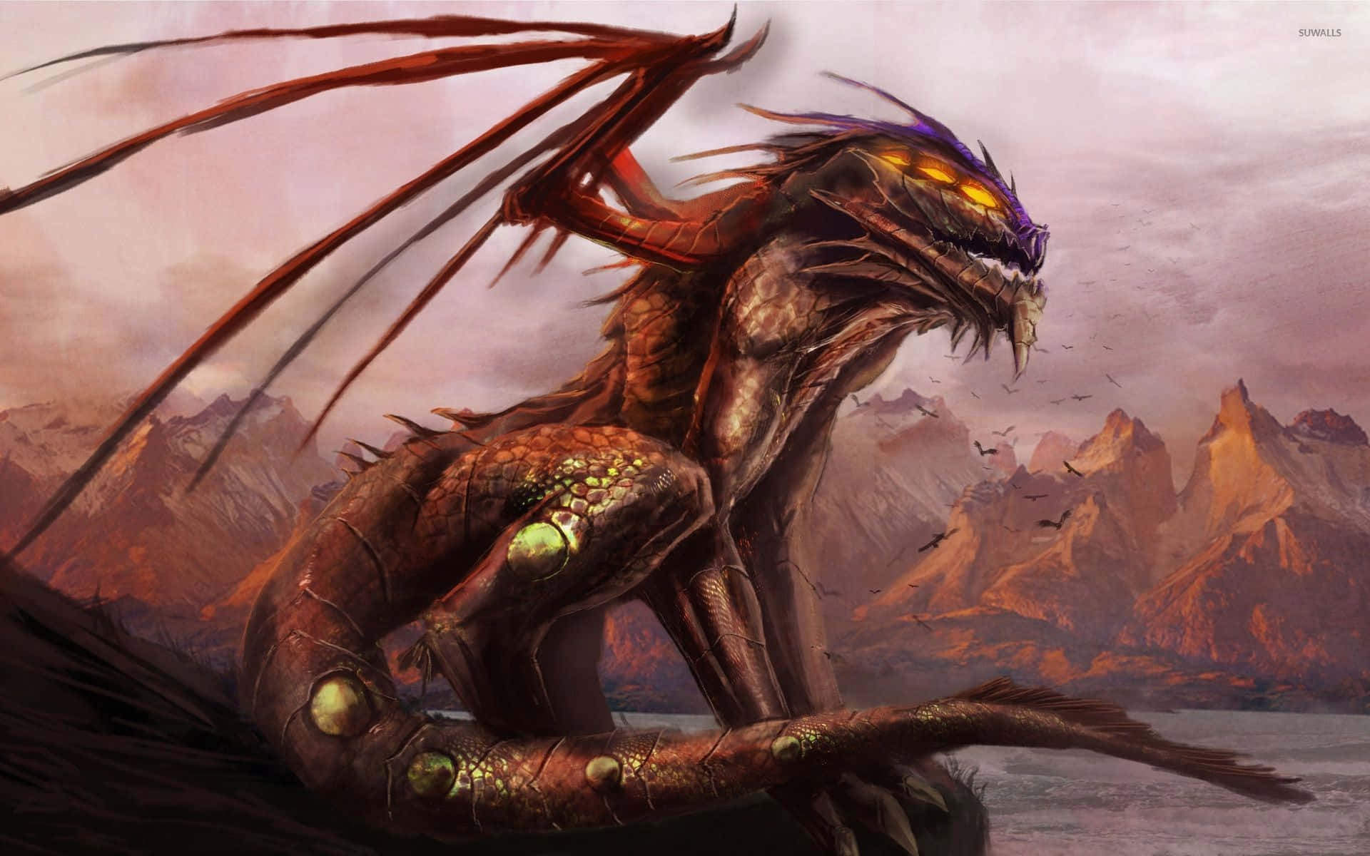 Red Bronze Color, scary dragon, glowing eyes, Full HD Desktop Wallpaper