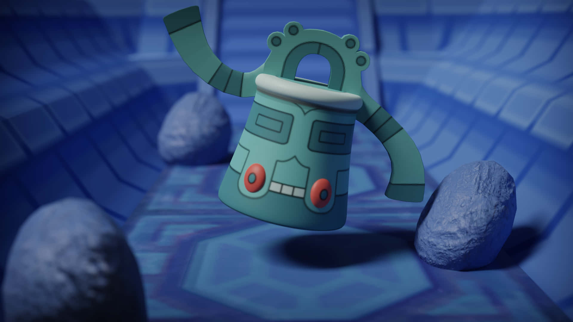 Bronzong, teal robot, red eyes, Full HD Desktop Wallpaper