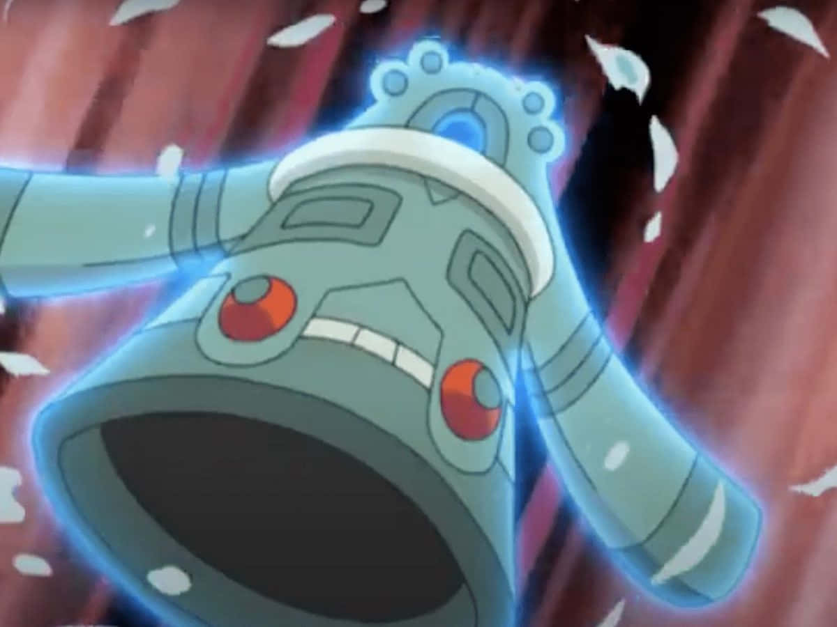 Glowing Bronzong, blue robotic bell Pokémon, red eyes, SD Desktop Wallpaper