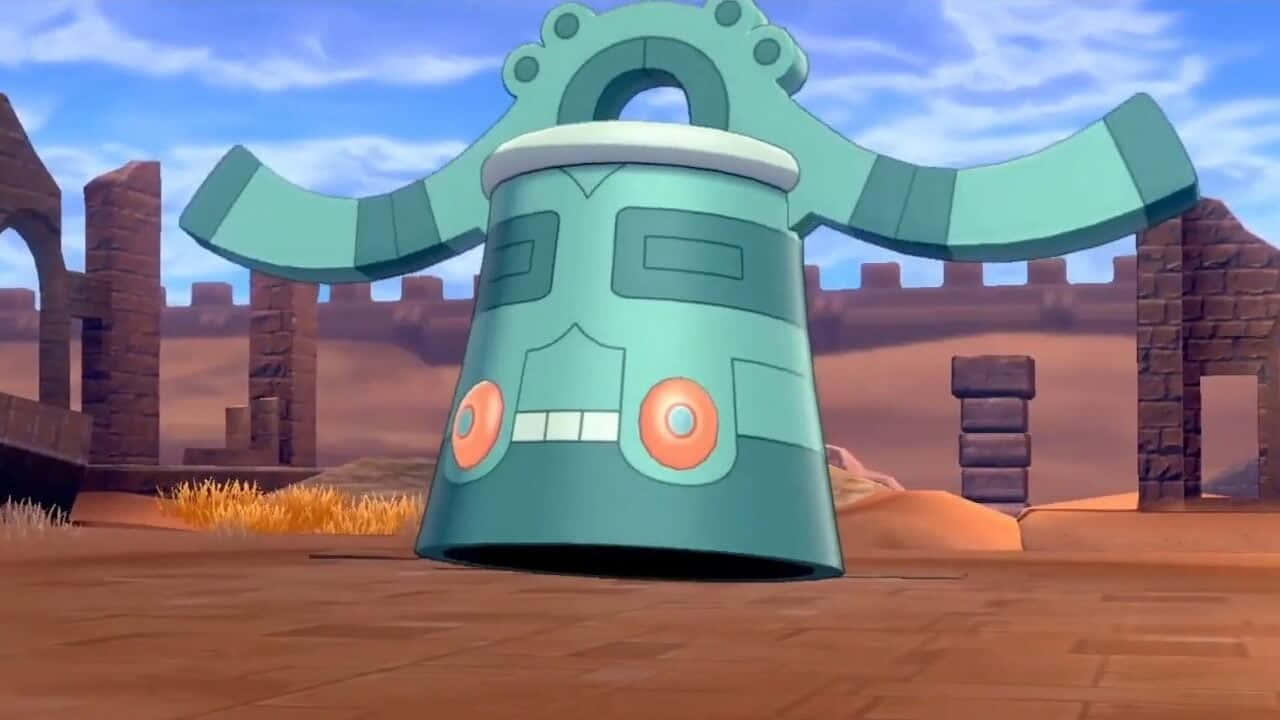 Bronzong, teal-colored, orange eyes, HD Desktop Wallpaper