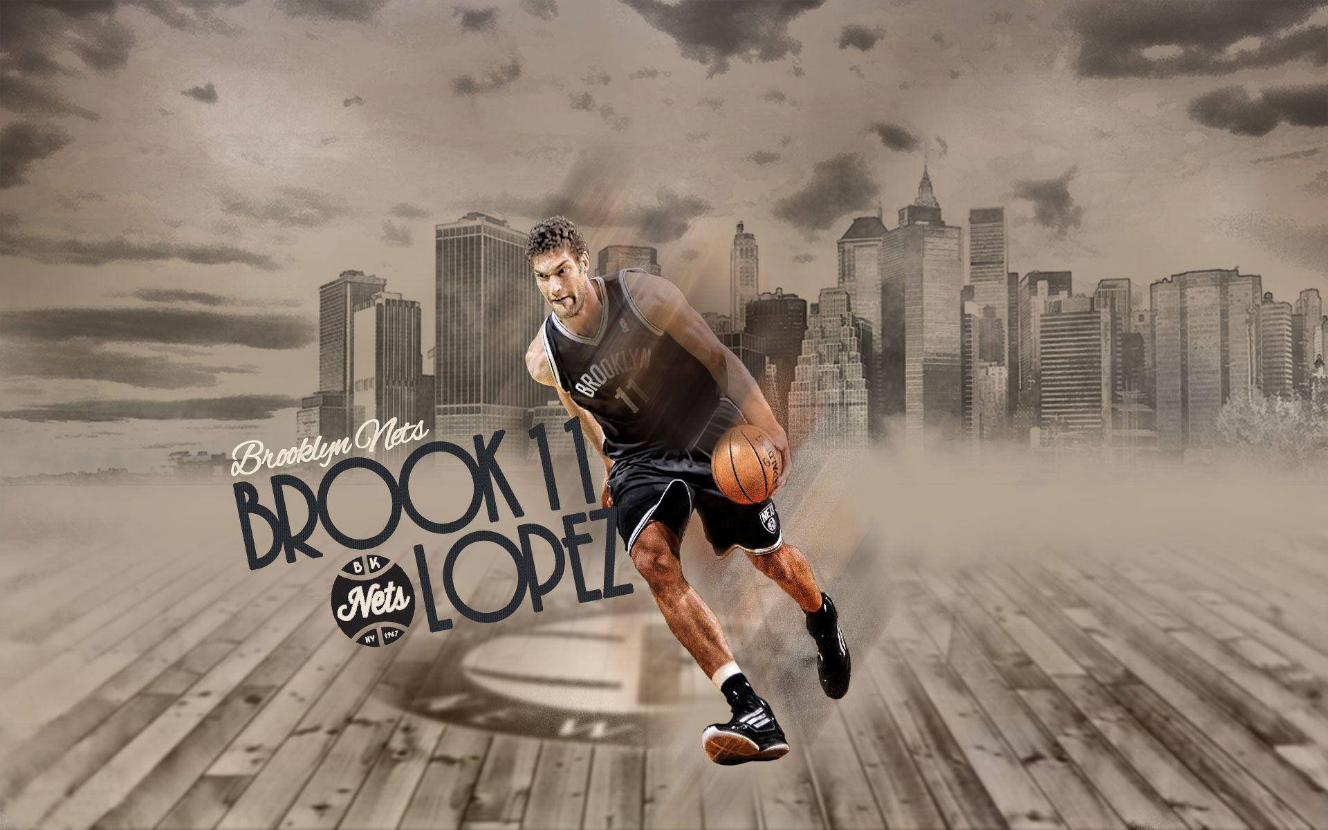 Brook Lopez, wooden court, sepia-toned Brooklyn skyline, Full HD Desktop Wallpaper