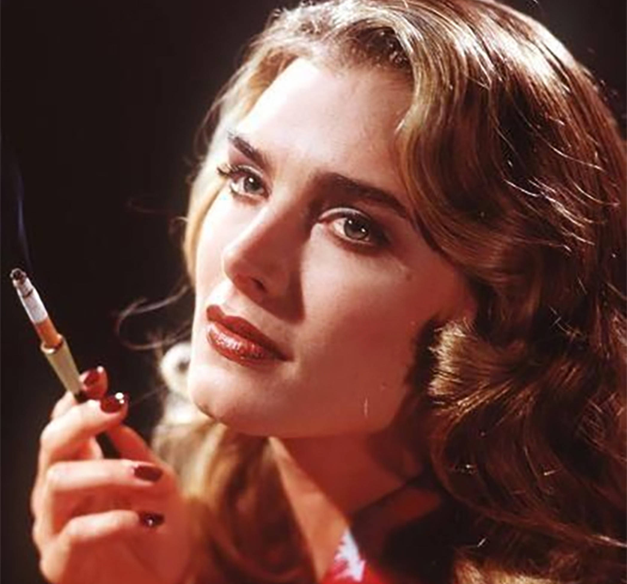 Brooke Shields, wavy brown hair, lit cigarette, Full HD Desktop Wallpaper