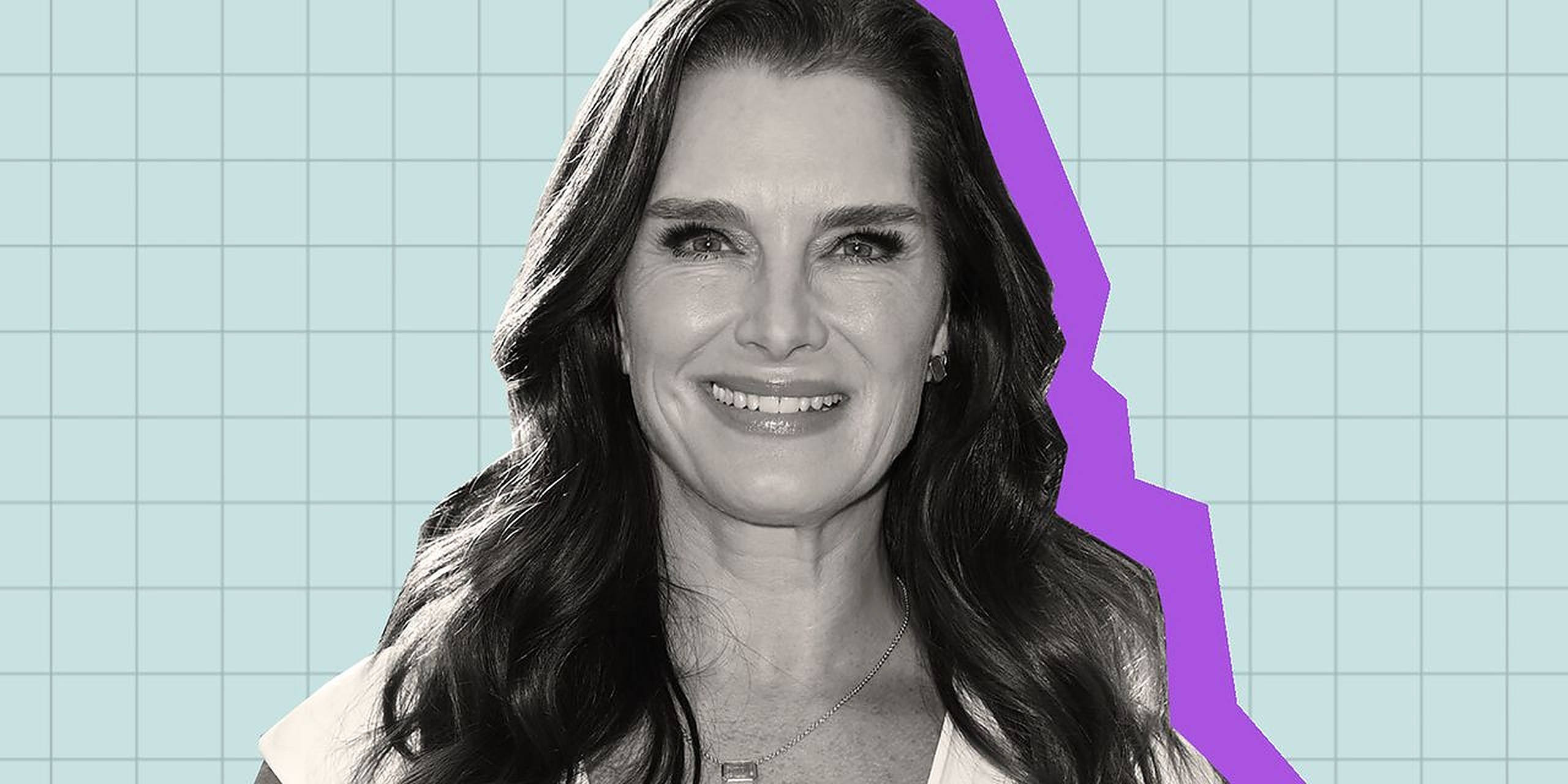 Brooke Shields, light blue grid background, bold purple jagged shape, 2K Desktop Wallpaper