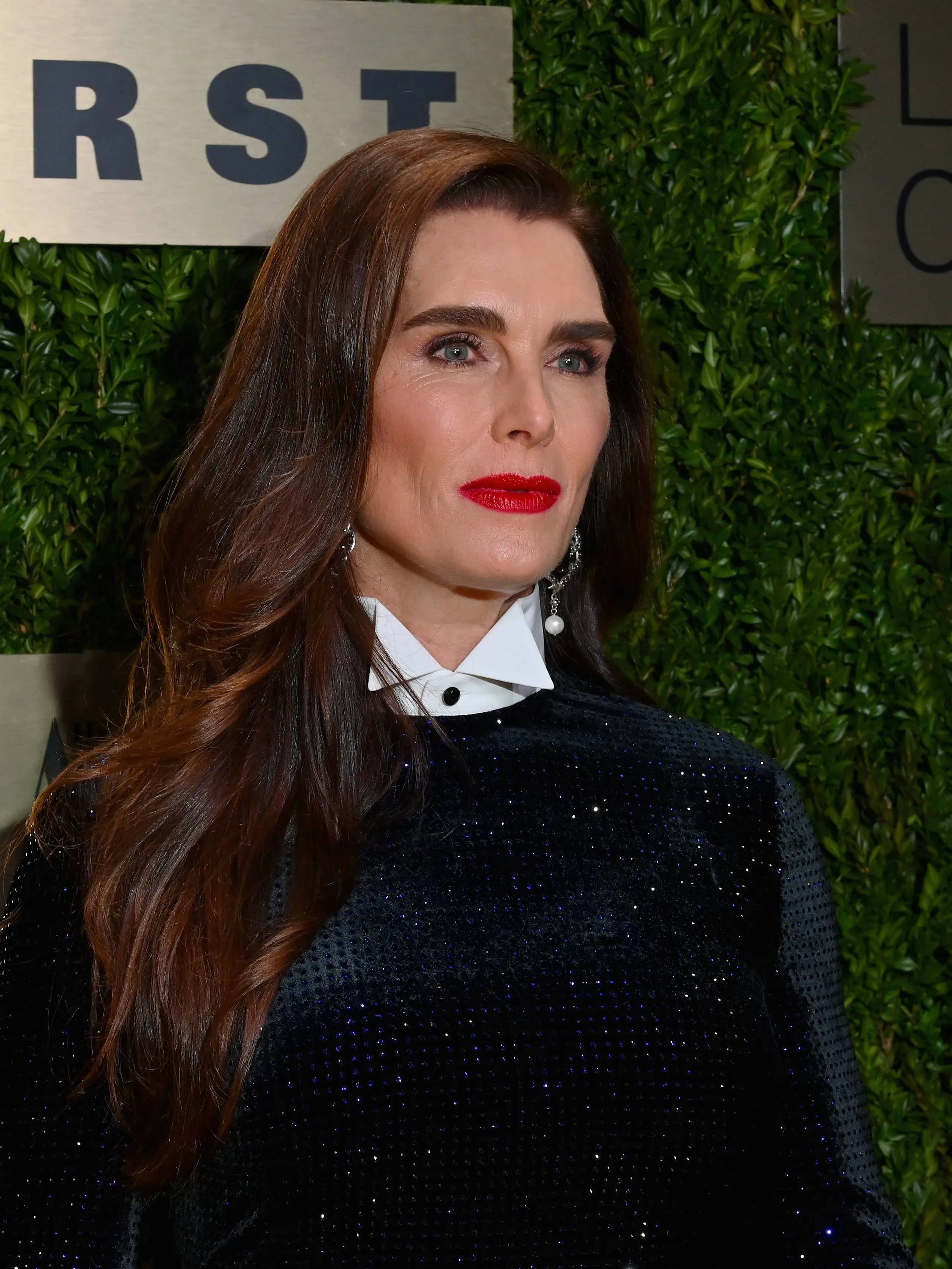 Brooke Shields, long brown hair, bold red lips, 2K Phone Wallpaper