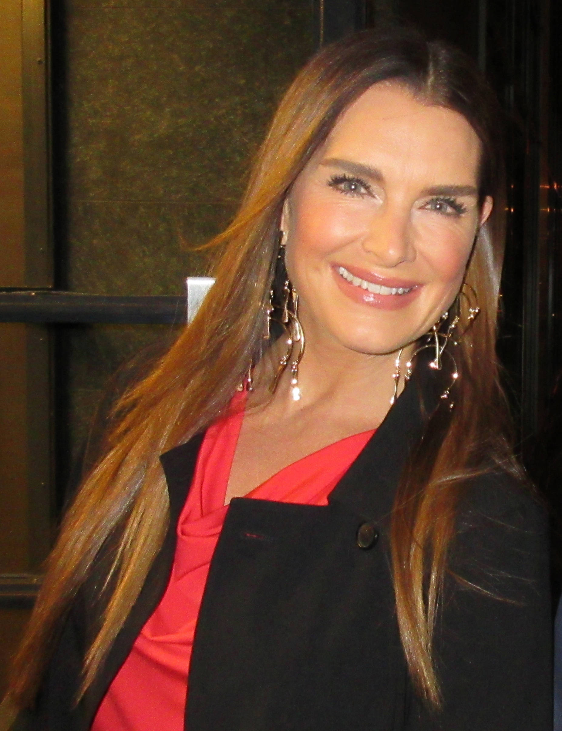Brooke Shields, red top, black blazer, Full HD Phone Wallpaper