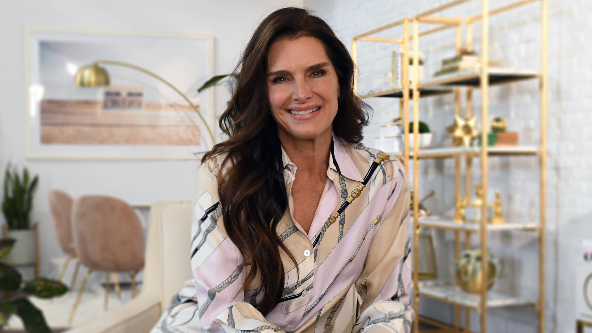 Brooke Shields, long dark hair, patterned blouse, Full HD Desktop Wallpaper