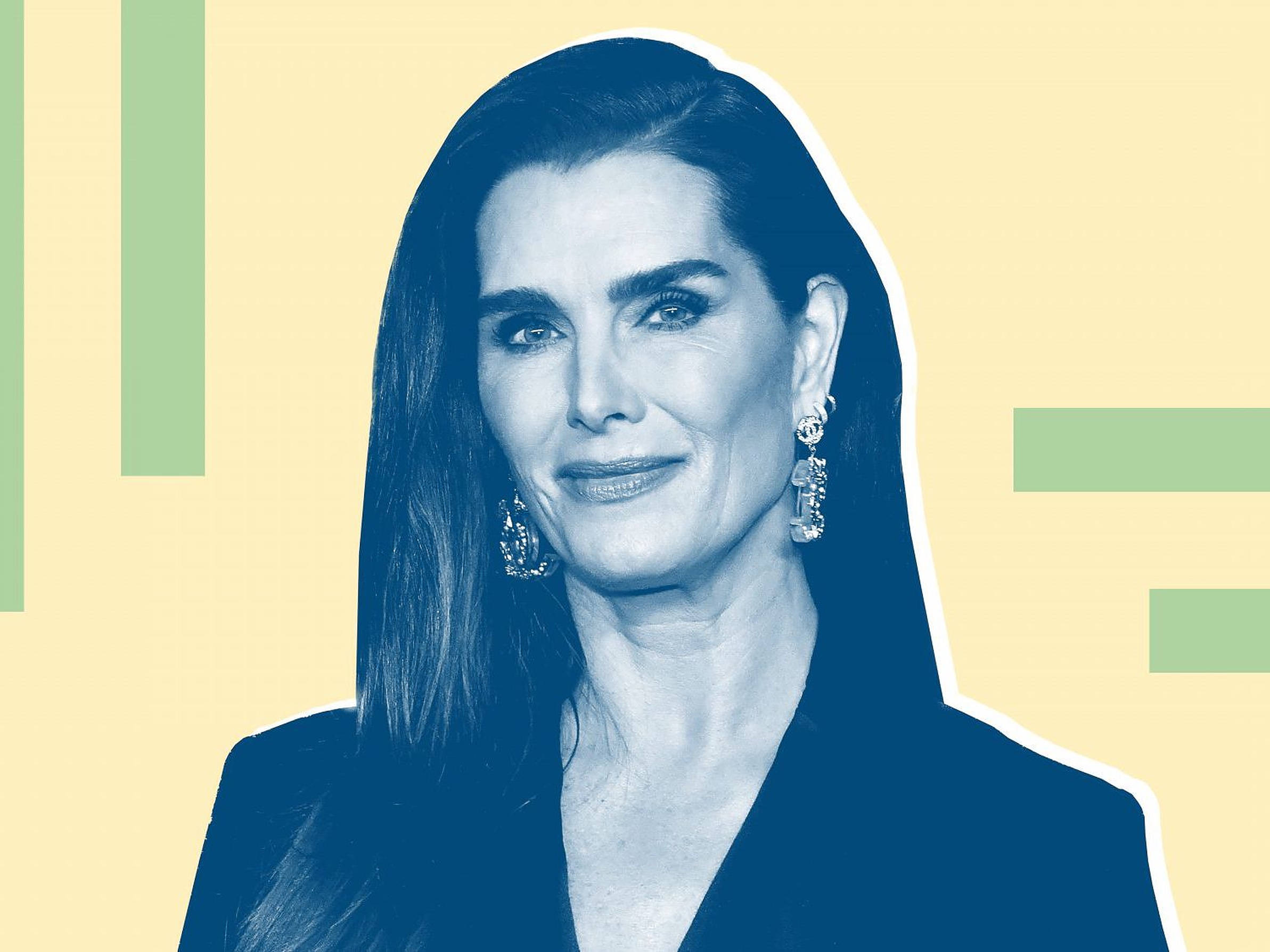 Brooke Shields, blue color scheme, yellow and green background, Full HD Desktop Wallpaper