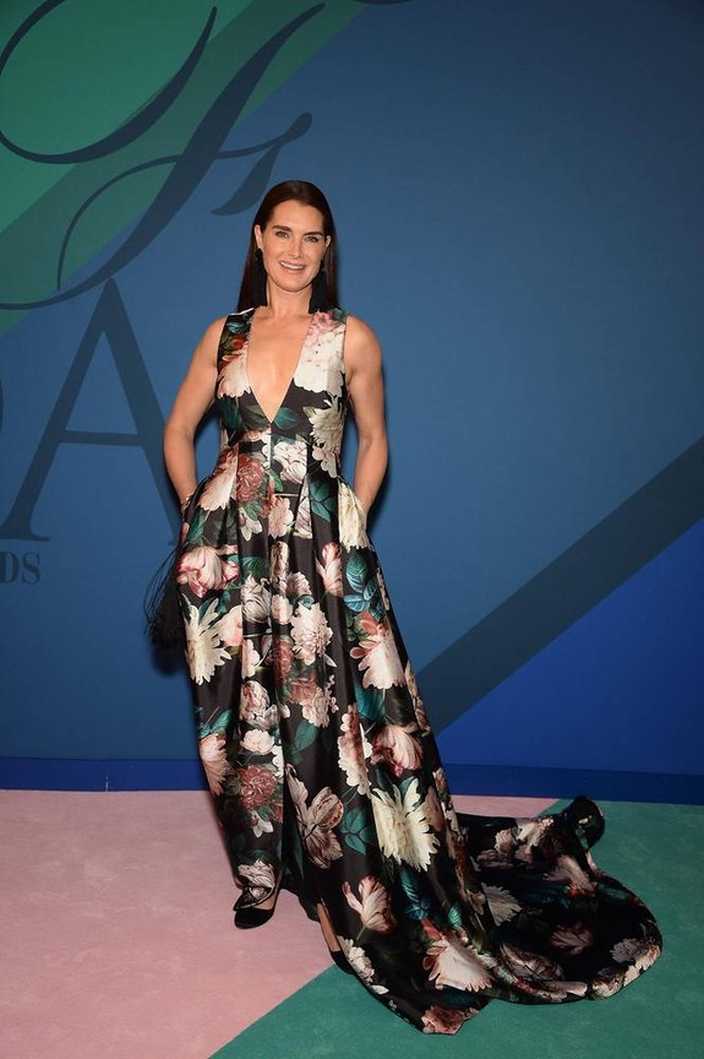 Brooke Shields, floral dress, pink and green carpet, Full HD Phone Wallpaper