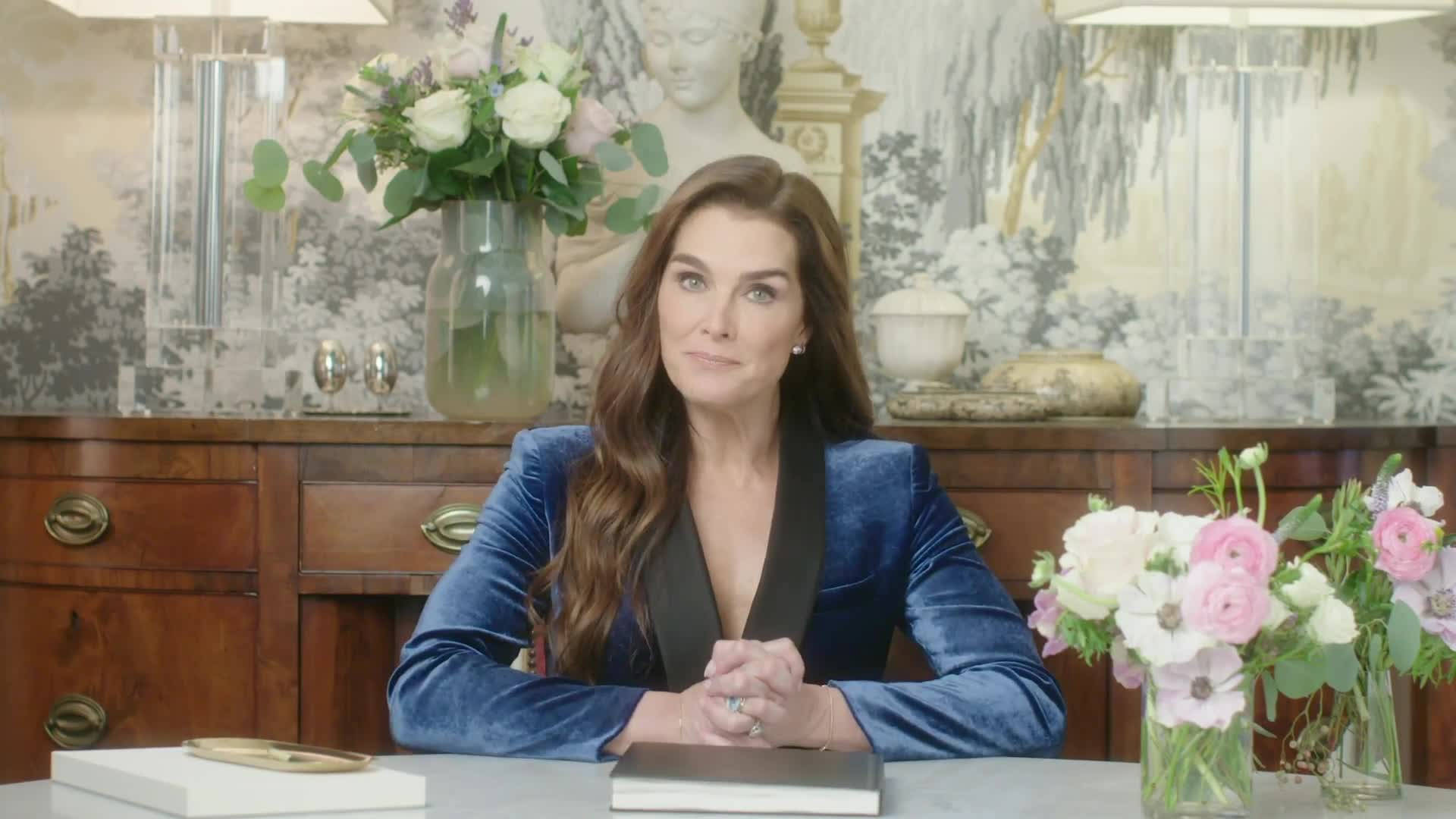 Brooke Shields, blue velvet blazer, marble desk, Full HD Desktop Wallpaper