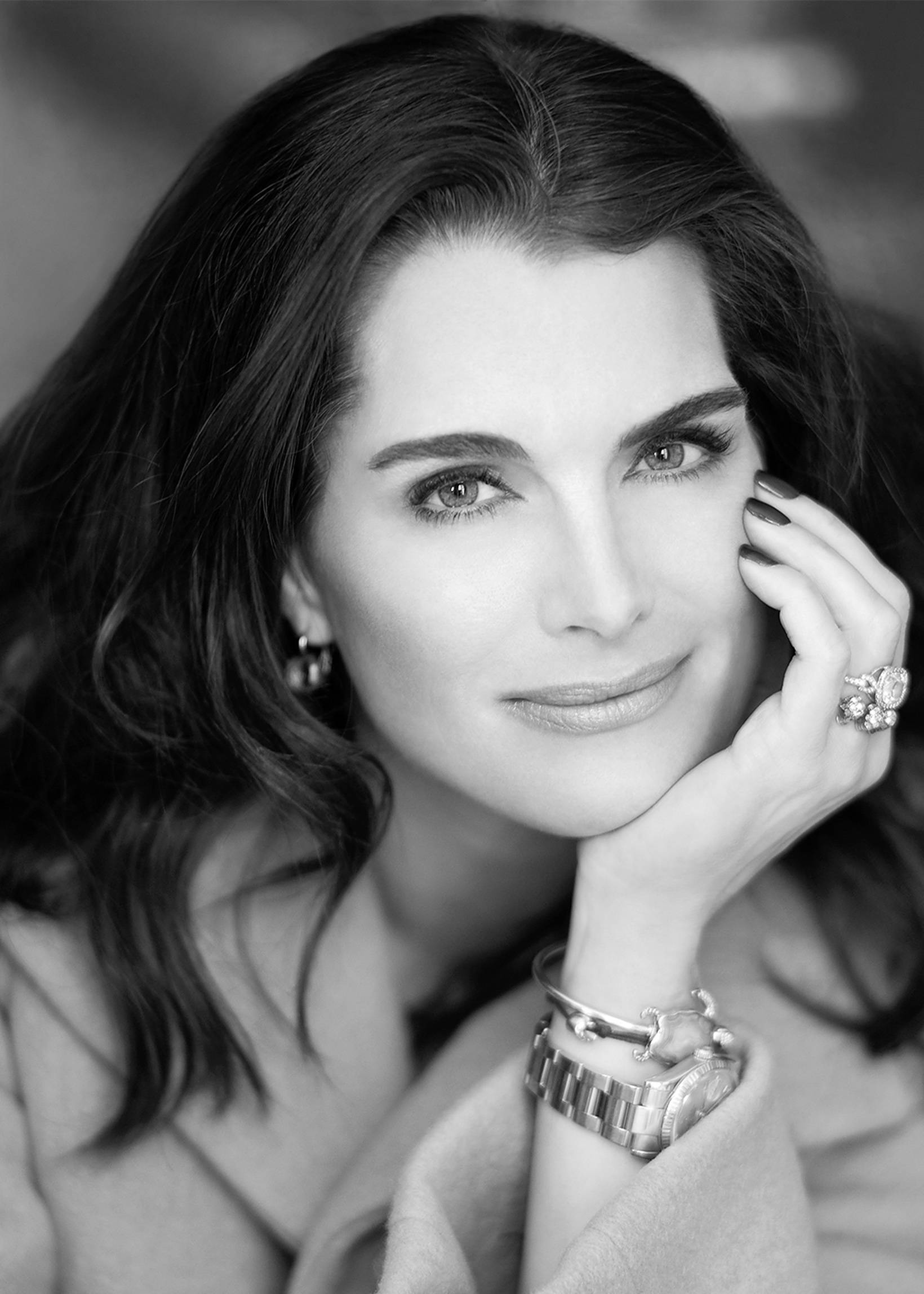 Brooke Shields, black and white, dark hair, Full HD Phone Wallpaper