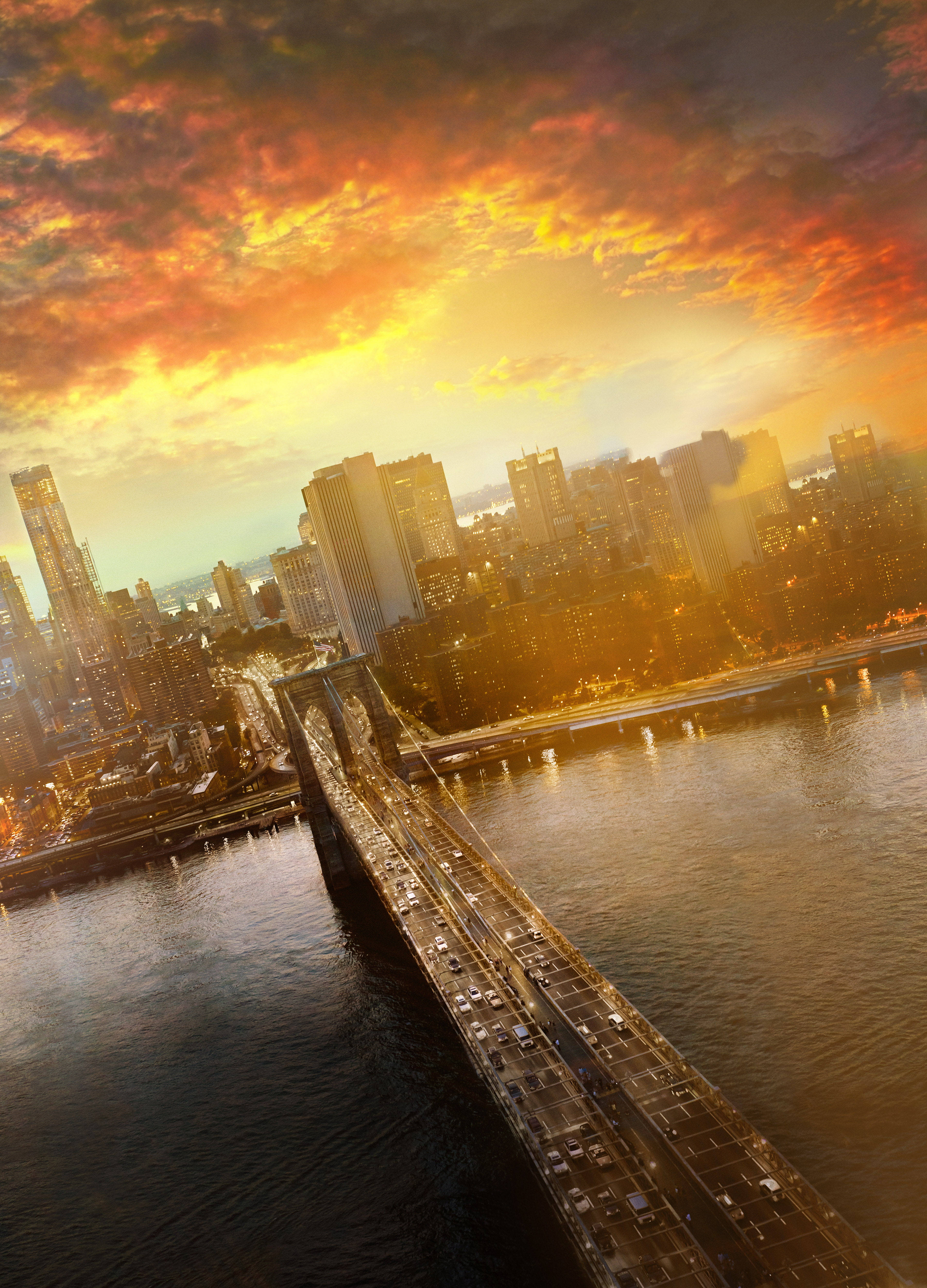 Brooklyn Bridge, sunset, fiery orange clouds, 4K Phone Wallpaper