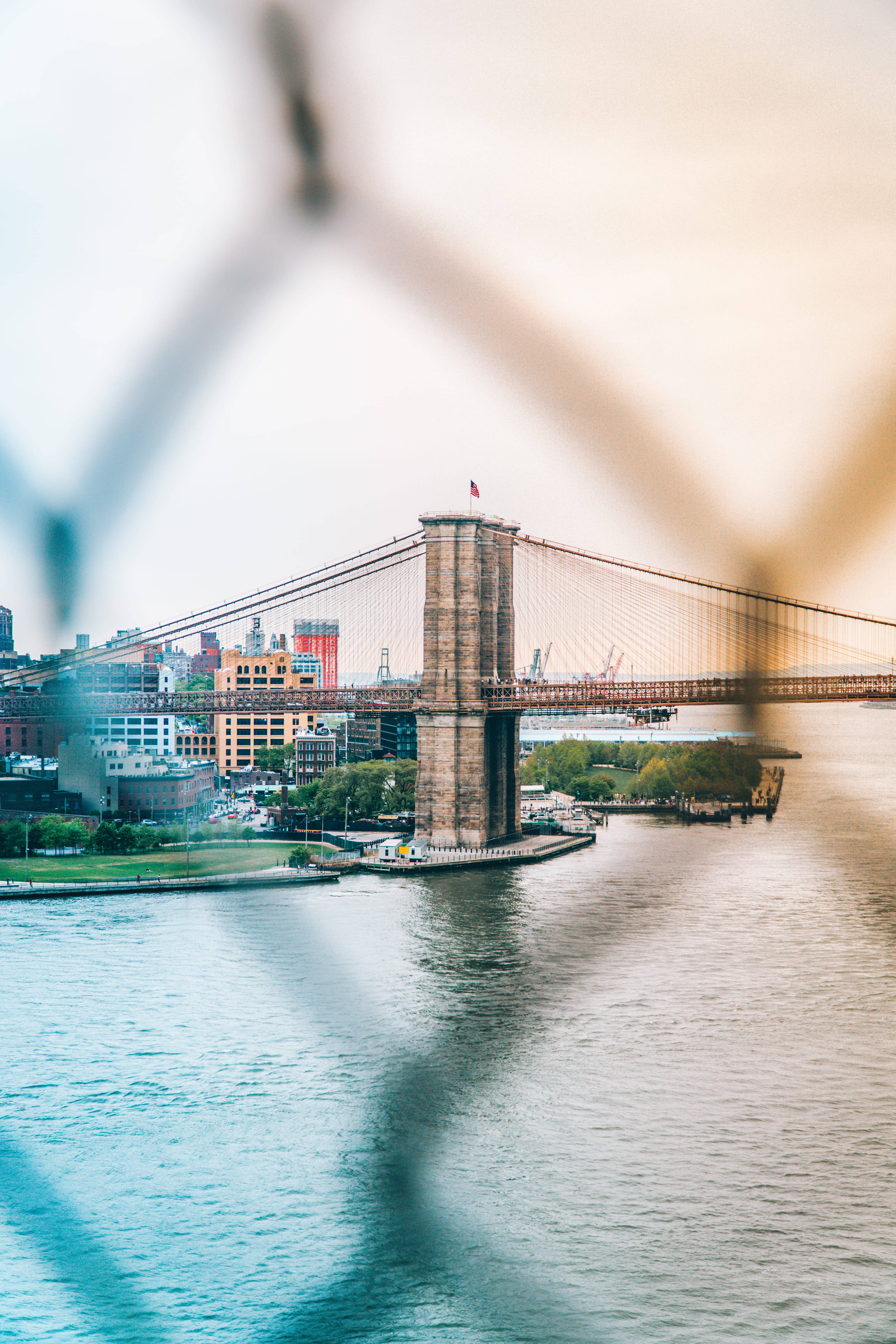 Brooklyn Bridge, wire fence, chain-link fence, 5K Phone Wallpaper