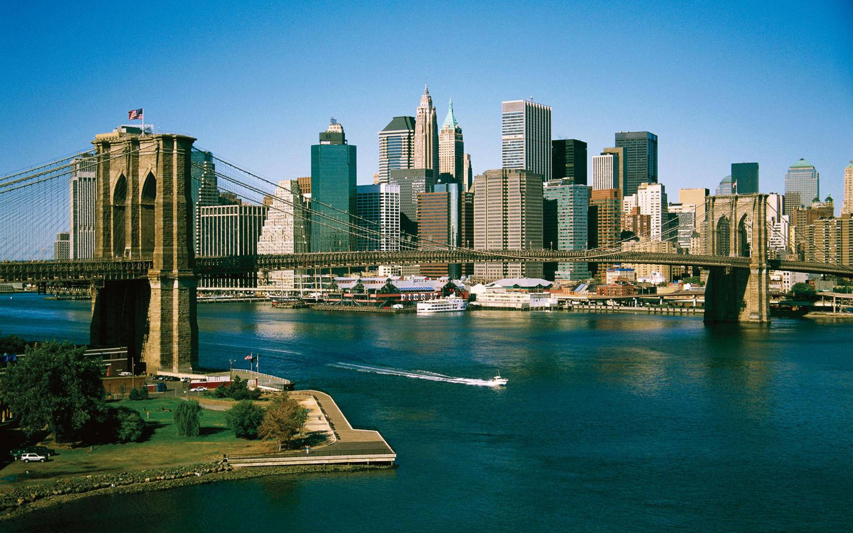 Brooklyn Bridge, deep blue river, city skyline, HD Desktop Wallpaper