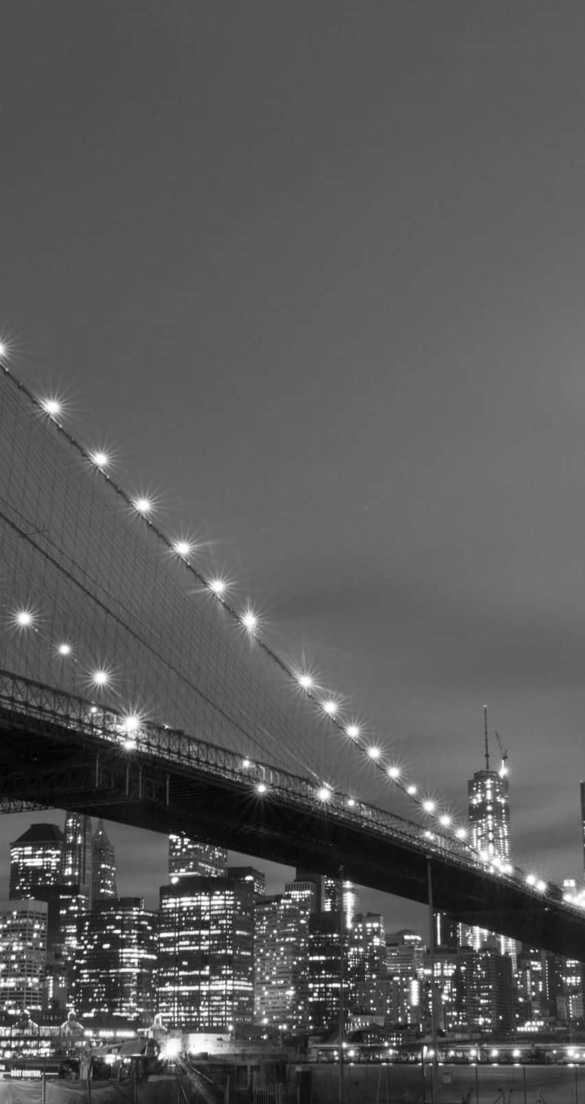 Brooklyn Bridge, black and white night view, glowing lights, HD Phone Wallpaper
